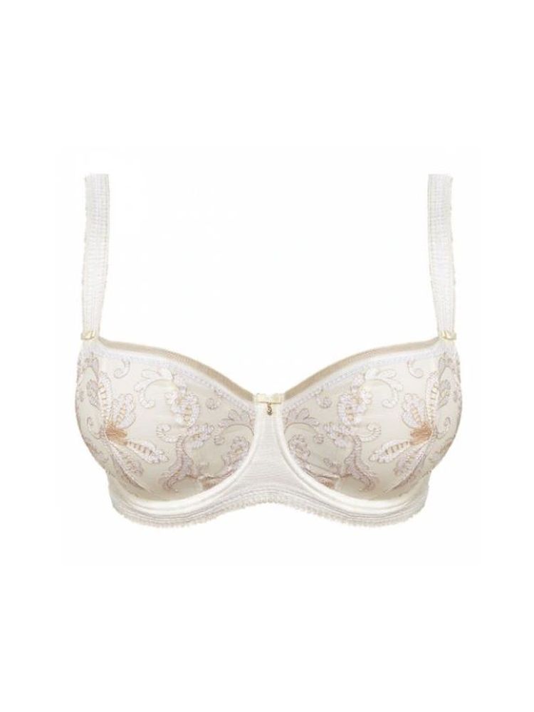 Fantasie Sofia, this luxurious underwired half cup bra features soft padded cups adorned in an indulgent embroidered lace. The padded cups provide a smooth, rounded shape whilst the balconette style offers a flattering fit with a sweetheart neckline. The powermesh side wings provide all day comfort.  Complete with mini loop edge elastic, embroidery detailing on the straps and jewel detail in the centre for an alluring finish.