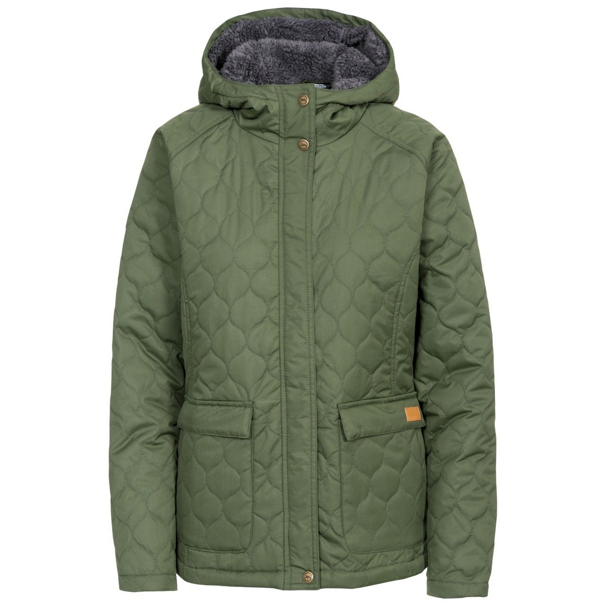 Lightly padded. Onion shaped quilting. Furry fleece hood lining. Grown on hood. 2 patch pockets with flaps, 2 side entry pockets. Flat cuff. Back hem vent. Shell: 100% Polyester, Lining: 100% Polyester, Filling: 100% Polyester. Trespass Womens Chest Sizing (approx): XS/8 - 32in/81cm, S/10 - 34in/86cm, M/12 - 36in/91.4cm, L/14 - 38in/96.5cm, XL/16 - 40in/101.5cm, XXL/18 - 42in/106.5cm.