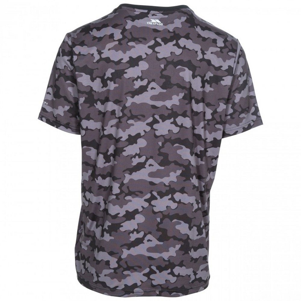 All over print. Short sleeve. Round neck. Reflective logos. Wicking. Quick dry. 90% Polyester, 10% Elastane. Trespass Mens Chest Sizing (approx): S - 35-37in/89-94cm, M - 38-40in/96.5-101.5cm, L - 41-43in/104-109cm, XL - 44-46in/111.5-117cm, XXL - 46-48in/117-122cm, 3XL - 48-50in/122-127cm.
