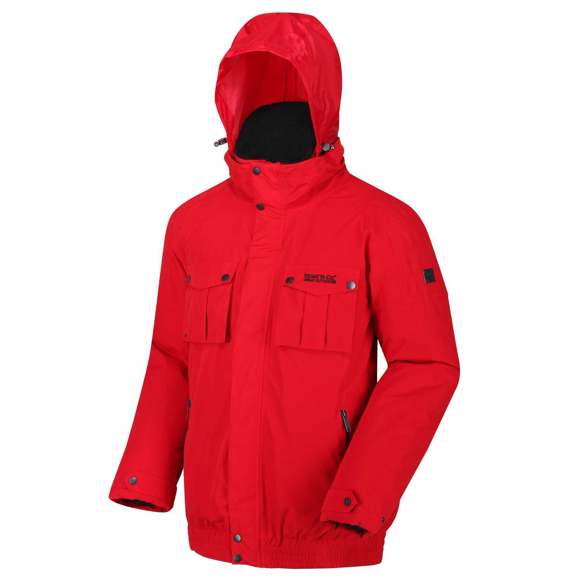 Material: polyester: 100%. Waterproof and breathable Isotex 5000 peached polyester fabric. Breathability rating: 5,000g/m2/24hrs. Taped seams. Durable water repellent finish. Polyester taffeta lining. Internal security pocket. Lightweight concealed hood with adjusters. Sherpa fleece inner collar. Adjustable cuffs with snap fastening. 2 zipped lower pockets. 2 chest patch pockets. Elasticated hem. Regatta outdoors badge on left sleeve. Size (chest): (XXS) 32-34in/81-86cm, (XS) 35-36in/89-91.5cm, (S) 37-38in/94-96.5cm, (M) 39-40in/99-101.5cm, (L) 41-42in/104-106.5cm, (XL) 43-44in/109-112cm, (XXL) 46-48in/117-122cm, (3XL) 49-51in/124.5-129.5cm, (4XL) 52-54in/132-137cm, (5XL) 55-57in/140-145cm, (6XL) 58-60in/147-152.5cm.