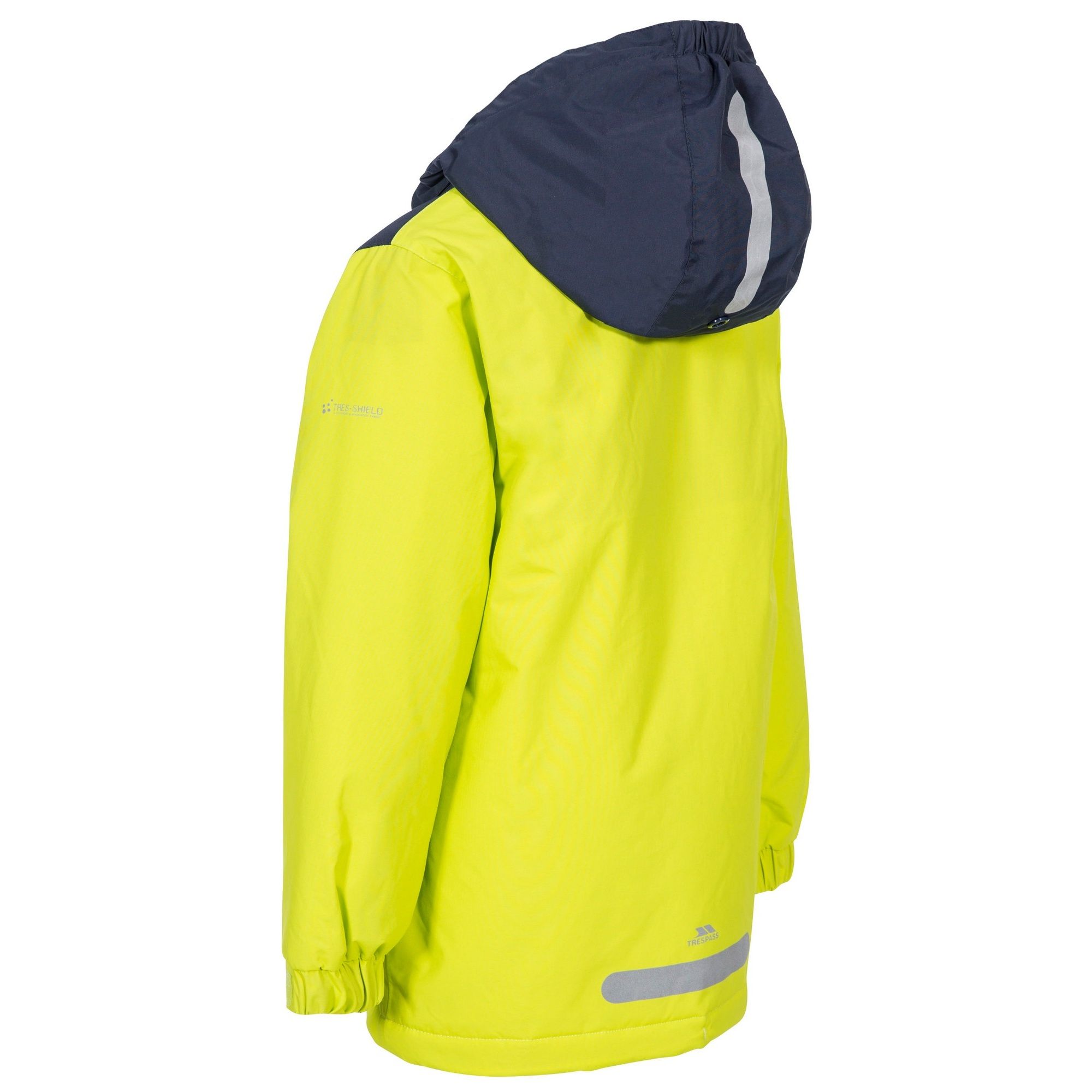 Padded. 2 colour jacket. 2 zip pockets. Adjustable cuff with touch fastening tab. Detachable hood. Reflective print on the hood and back hem. Waterproof 3000mm, taped seams, windproof. Shell: 100% Polyamide PU, Lining: 100% Polyester, Filling: 100% Polyester. Trespass Childrens Chest Sizing (approx): 2/3 Years - 21in/53cm, 3/4 Years - 22in/56cm, 5/6 Years - 24in/61cm, 7/8 Years - 26in/66cm, 9/10 Years - 28in/71cm, 11/12 Years - 31in/79cm.