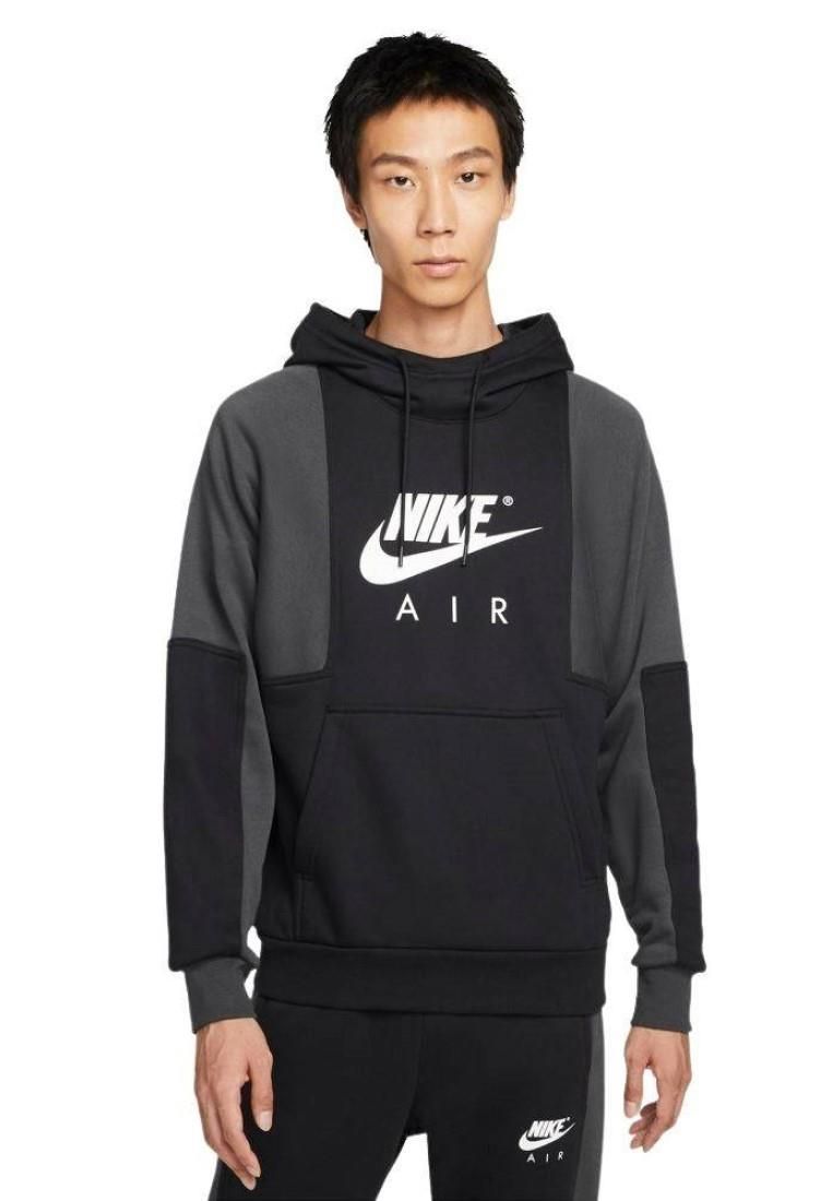 Nike Air Mens Contrast Tracksuit Set In Black.   
Drawstring Hoodie With Pouch Pocket.  
Overhead Design.  
Nike Logo Print and Swoosh Embroidery on the Left Leg.  
Fitted Trims.  
Elasticated Waist Matching Joggers.   
Side Pockets, Fitted Cuffs.
