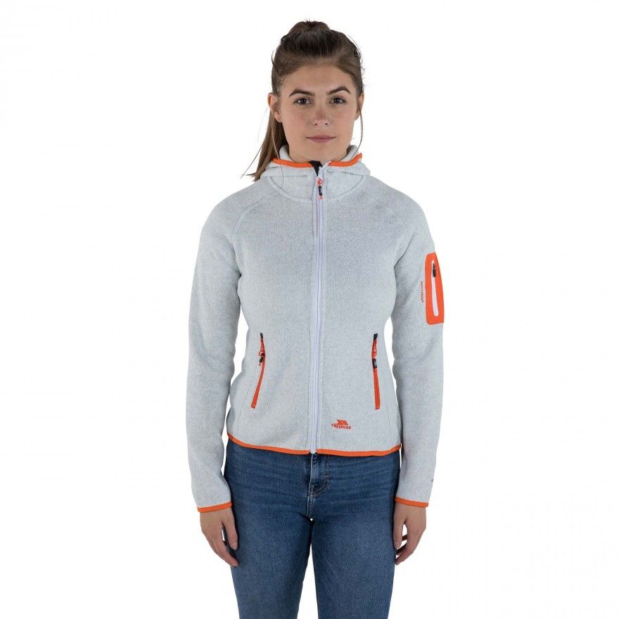 Marl knitted jersey fleece. Brushed back. Grown on hood. Contrast low profile zips. Stretch chin guard. 2 contrast zip pockets. 1 sleeve zip pocket with stretch fabric. Contrast stretch bindings. Aitrap. Knitted. 100% Polyester. Trespass Womens Chest Sizing (approx): XS/8 - 32in/81cm, S/10 - 34in/86cm, M/12 - 36in/91.4cm, L/14 - 38in/96.5cm, XL/16 - 40in/101.5cm, XXL/18 - 42in/106.5cm.