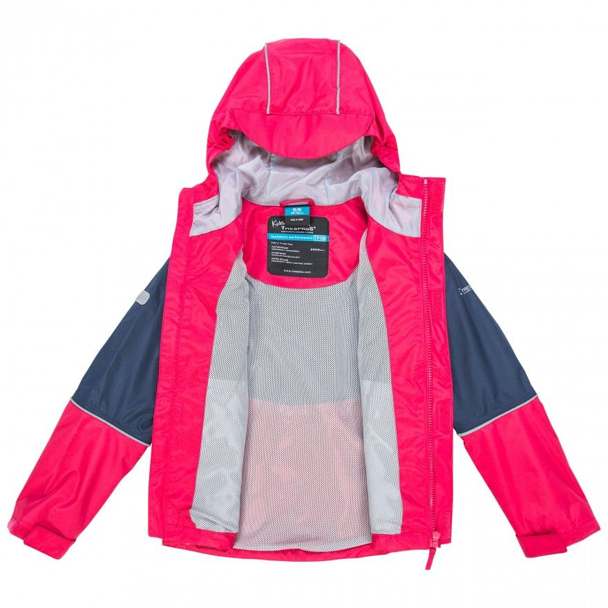 Shell jacket. 2 zip pockets. Grown on hood. Reflective trim. Adjustable cuffs with touch fastening. Hem drawcord. Waterproof 3000mm, windproof, taped seams. Shell: 100% Polyester PVC coating, Lining: 100% Polyester mesh. Trespass Childrens Chest Sizing (approx): 2/3 Years - 21in/53cm, 3/4 Years - 22in/56cm, 5/6 Years - 24in/61cm, 7/8 Years - 26in/66cm, 9/10 Years - 28in/71cm, 11/12 Years - 31in/79cm.