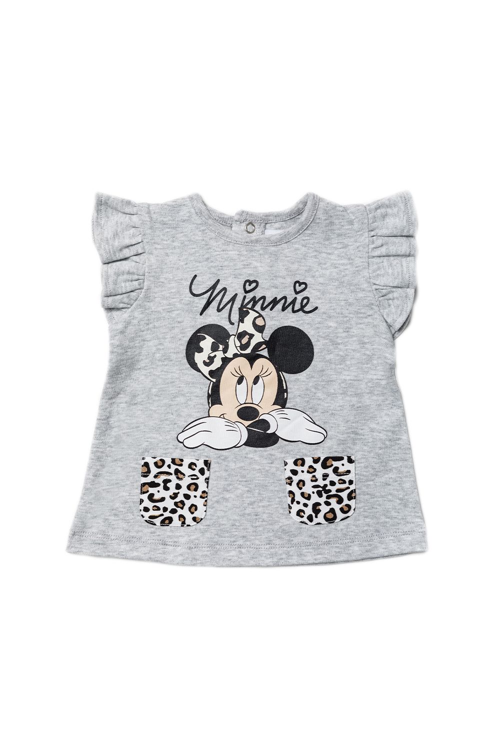 This adorable Disney Baby three-piece set features Minnie Mouse print with leopard print details. The set includes a t-shirt with frilled sleeves & pockets, printed leggings, and a matching headband! Each item in the set is cotton and the top has popper fastenings, keeping your little one comfortable. This set would make a lovely gift, or a new addition to your little ones wardrobe!