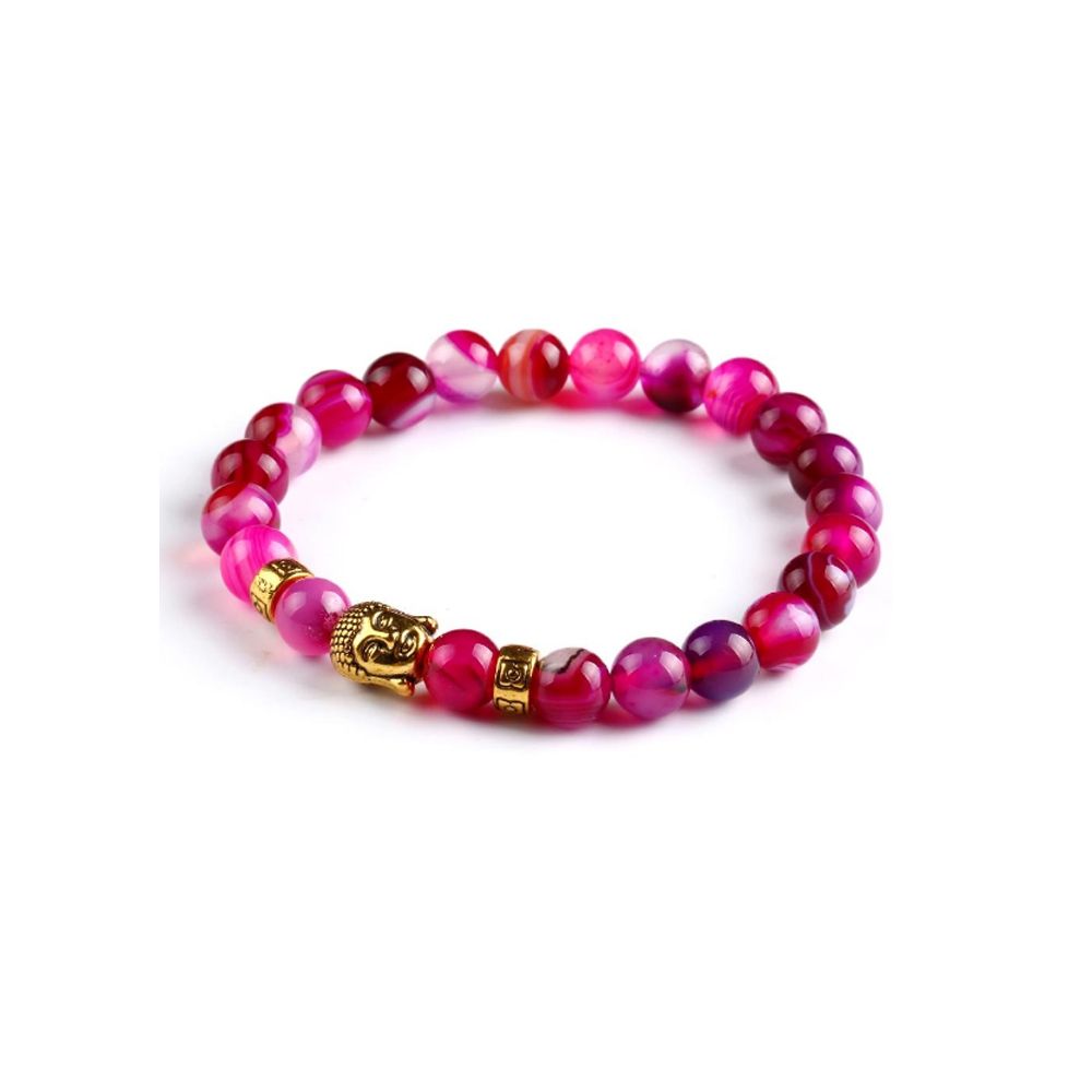 Pink Natural Stones Stretch Bracelet and Gold Buddha Head