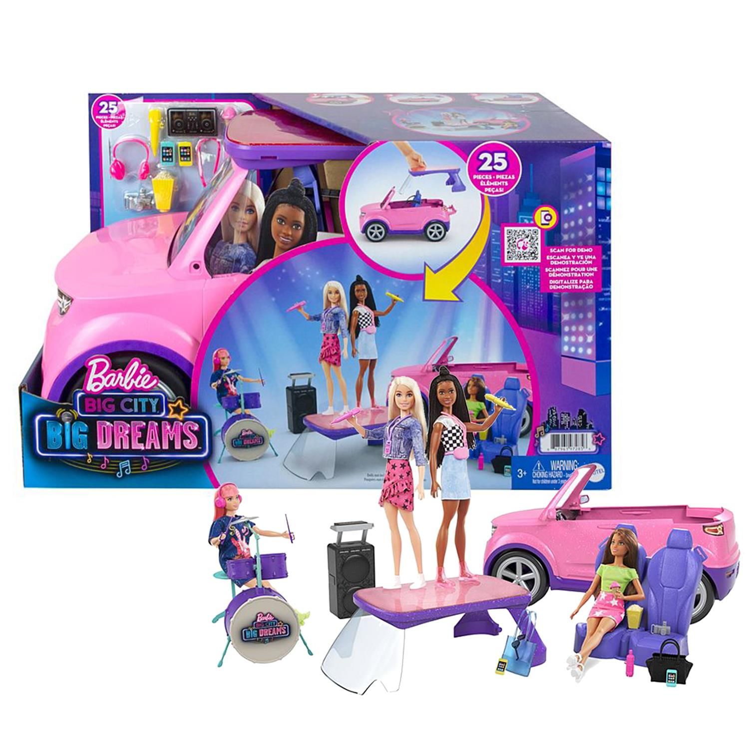 Imaginations can hit the road and play out rockin’ adventures with this transforming Barbie® vehicle playset inspired by Barbie: Big City, Big Dreams™ ! Ready to take the show on the road? Buckle two Barbie® dolls in (dolls sold separately), then park and transform the vehicle to set the scene for a pop-up performance! The glittery pink SUV features a removeable roof that becomes a stage, removeable seats that become seating for an audience and over 20 storytelling accessories including a drum set and stool, speaker and turntable, microphones and more. Future stars ages 3 years old and up can dream up all kinds of big adventures with this transforming Barbie® vehicle! Dolls sold separately. Colors and decorations may vary.

Features:

This Barbie® vehicle playset inspired by Barbie: Big City, Big Dreams™ transforms to reveal a stage and seating for a pop-up performance!
Take the show on the road in a glittery pink and purple SUV with rolling wheels, realistic details and room for 2 Barbie® dolls (sold separately).
Remove the roof to set up a stage for Barbie® doll and remove the seats to create a place for the audience to cheer her on!
Over 20 storytelling pieces include a drum set, speaker and turntable, microphones, snacks, backstage passes, smart phone accessories and more!
Pack the pieces back inside the car for easy clean-up.
With so many storytelling opportunities, this Barbie: Big City, Big Dreams™ vehicle playset makes a great gift for 3 to 7 year olds, especially those that love the spotlight!

Box Contains: Barbie Big City and Big Dream Playset.

Playset Includes: Transforming SUV Car, Handbags, Microphones, Snacks, Backstage Passes, Smart phone accessories, Drum set, Speaker.