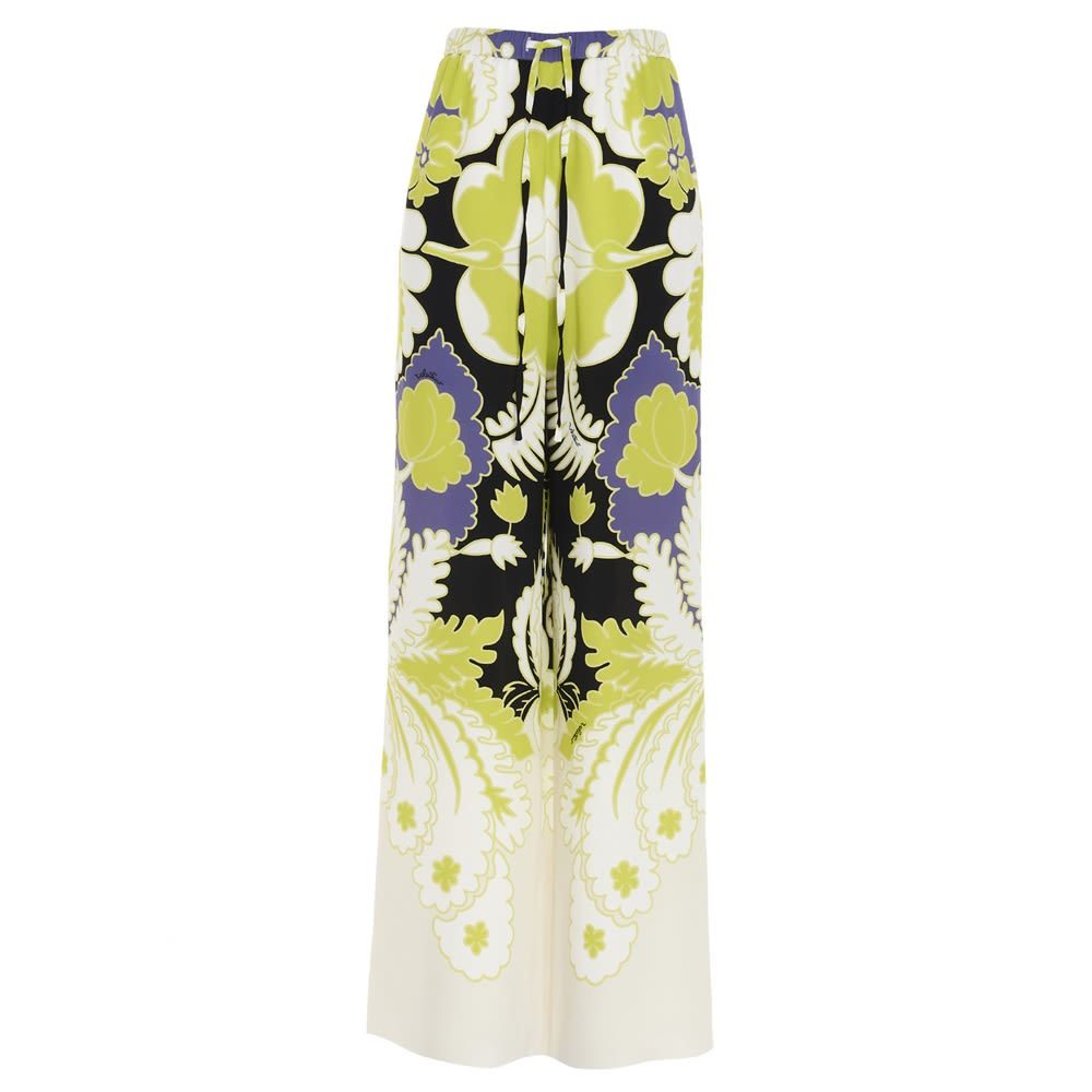 Valentino 'Arazzo' cady silk, all-over print trousers with elasticised and drawstring waistband. Medium waist and wide leg.