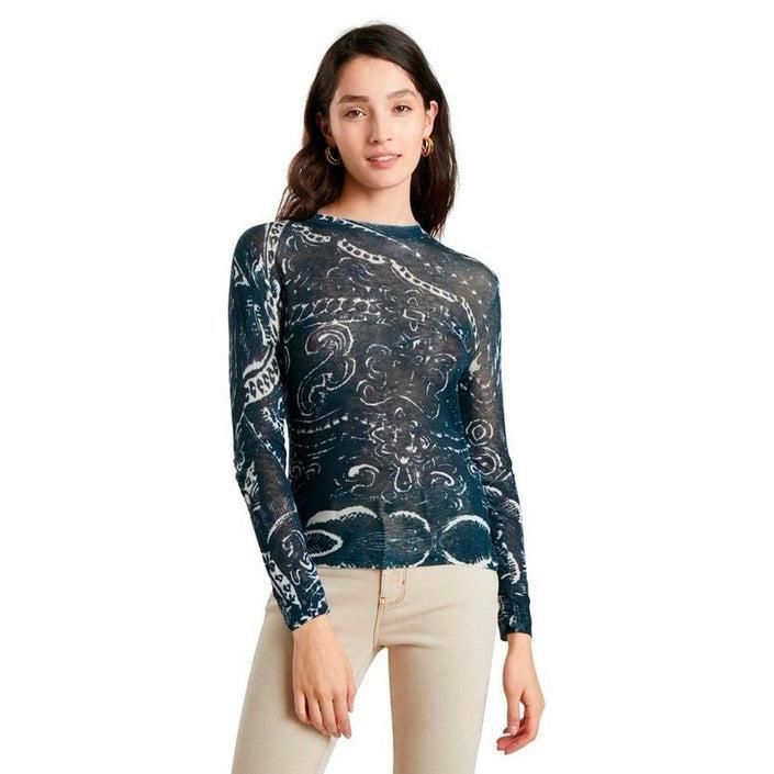 Brand: Desigual
Gender: Women
Type: Knitwear
Season: Fall/Winter

PRODUCT DETAIL
• Color: blue
• Pattern: print
• Fastening: slip on
• Sleeves: long
• Neckline: boat neck

COMPOSITION AND MATERIAL
• Composition: -100% viscose 
•  Washing: machine wash at 30°