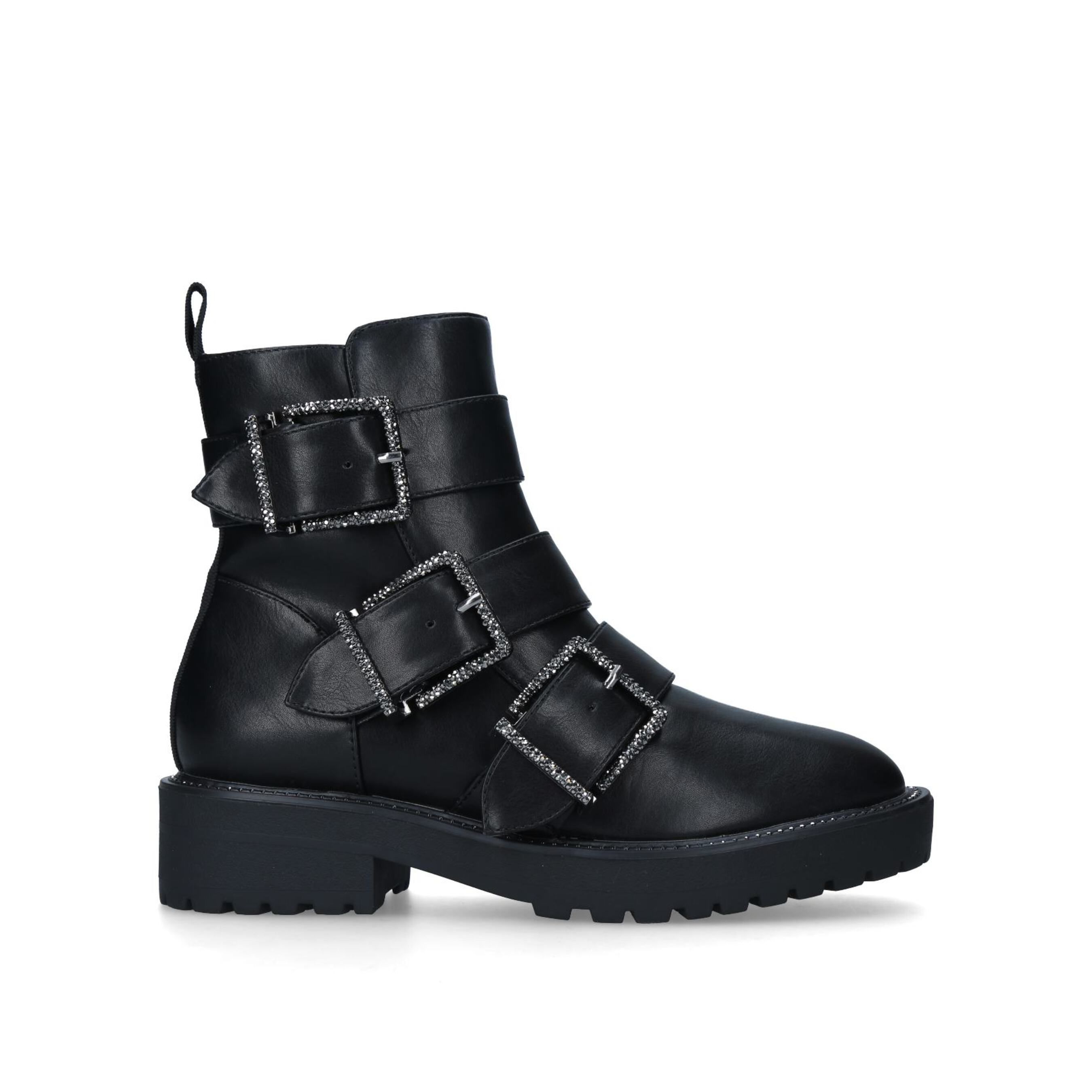 The Trixie2 ankle boot arrives in black with three straps across the foot that are fastened with crystal covered buckles. The KG Kurt Geiger logo printed on ribbed textile with a print stitch detailing is seen at the back of the ankle.