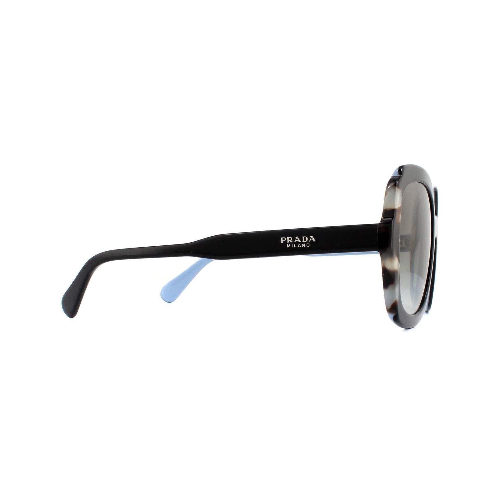 Prada Sunglasses PR 16US KHR0A7 Black Azure Spotted Brown Grey Gradient are a bold square shaped design with oversized lenses for women. The classic silhouette is crafted from thick acetate and features a contrasting coloured or patterned outer edge for a contemporary twist. Designed for the more daring fashion lover, an unexpected edge along the top will guarantee that you always draw attention.