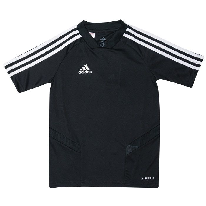 Junior adidas Tiro 19 Training Jersey in black- white.- Ribbed V-neck.- Short raglan sleeves.- Climacool ventilation.- Doubleknit.- Quick-drying construction.- Mesh details.- Regular fit is wider at the body  with a straight silhouette.- Main Material: 51% Polyester  49% Polyester (Recycled). Mesh Part: 100% Polyester (Recycled).Machine washable.- Ref: DT5294J