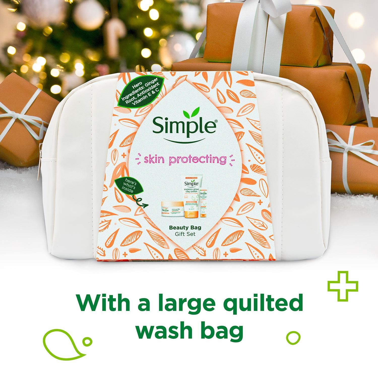 Know someone who is totally and utterly into taking care of their skin in the kindest way possible  The Simple Skin Protecting Beauty Bag Gift Set will make their entire day. Right from the get-go, the Simple philosophy has always been about being kind to skin, even the most sensitive. Because all skin can be sensitive at times. That's why this set of Christmas gifts comes with an abundance of Simple products that are kind to their skin. 

Featuring Protect 'N' Glow Rest and Reset 72h Hydrating Gel. Yasss! Supercharged with ingredients that help brighten dull complexions, this overnight gel is your shortcut to get the glow you've always dreamed of. Simple Protect 'N' Glow Triple Protect Moisturiser SPF 30 is your all-in-one secret weapon - think sun-protected, naturally glowing skin, without that greasy feeling. 

Features:
With brightening antioxidants, vitamins C & E, and organic Ginger Root Extract, this gel-textured night cream boosts your skin's natural renewal process, for glowing skin by morning
Our vegan Rest and Reset 72h Hydrating Gel is free from artificial colour, perfume and mineral oil and contains no harsh chemicals
Simple Protect 'N' Glow Triple Protect Moisturiser SPF 30 is super lightweight and doesn't leave residue on the skin. Amazing!
With brightening anti-oxidants such as vitamins C & E and organic ginger root extract as well as prebiotics, this moisturiser with SPF protects and hydrates your skin throughout the day

Safety Warnings: For external use only. Avoid getting into your eyes. For external use only. Avoid getting into your eyes. 

Each Gift Set Includes:
1x Simple Rest and Reset 72h Hydrating Gel, 50 ml
1x Simple Triple Protect Moisturiser SPF 30, 40 ml
1x Simple Express Glow Clay Polish Cleanser 150 ml