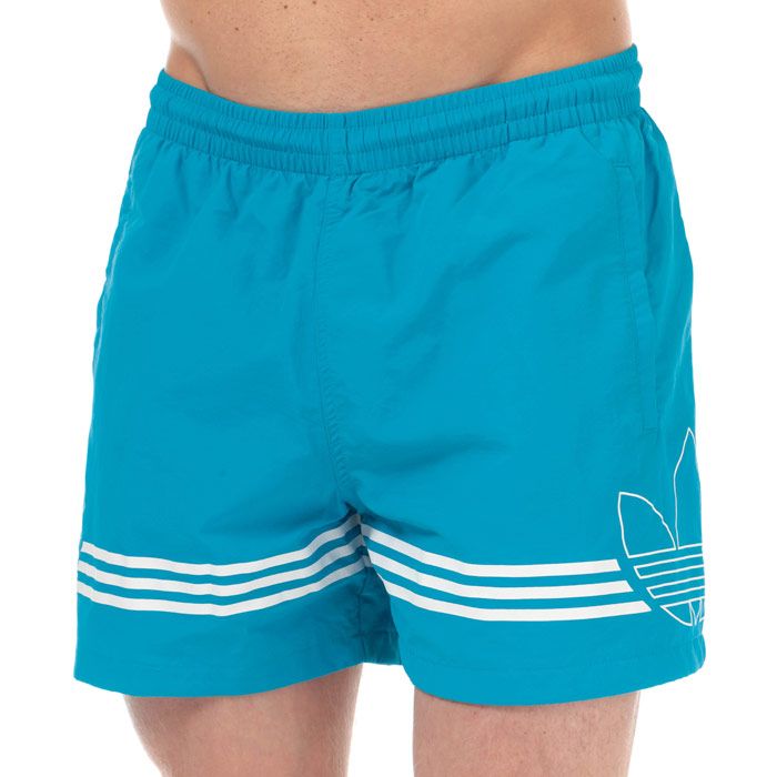 Mens adidas Originals SPRT FB Swim Shorts in shock cyan.<BR><BR>- Elasticated waistband with inner drawcord.<BR>- Front welt pockets.<BR>- Wraparound 3-Stripes print with outline Trefoil graphic.<BR>- Mesh lining.<BR>- Regular fit.<BR>- Shell: 100% Nylon.  Lining: 100% Recycled polyester.  Machine washable.<BR>- Ref: FH6880