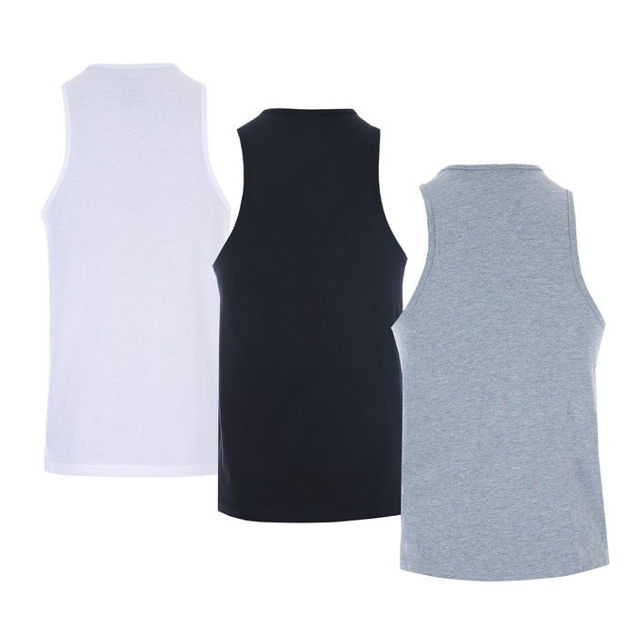 Mens Farah Vestu 3 Pack Vests in Black-Grey-White<BR><BR>- One vest white  one vest light blue  one vest navy<BR>- Ribbed collar and arm openings<BR>- Straight hem <BR>- Crew neck<BR>- Branding printed to chest<BR>- Shoulder to hem 28in approximately<BR>- Black and White: 100% Cotton. Grey: 90% Cotton  10% Viscose Machine Washable<BR>- Ref: FR2P113723<BR><BR>Measurements are intended for guidance only