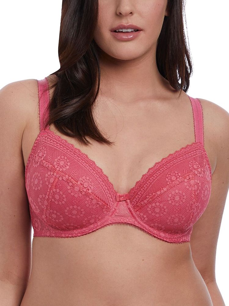 Freya Love Note Plunge Bra.  Add a stunning twist to your everyday bra with the underwired Love Note Freya bra.  Featuring lightweight padded plunge style cups with gorgeous lace overlay and vertical seams to add a natural lift to the bust.  The lower neckline is great for underneath low cut tops.  Mesh side wings for added comfort and support, alongside the adjustable satin straps.  Finished with a hook and eye closure and small centre bow.