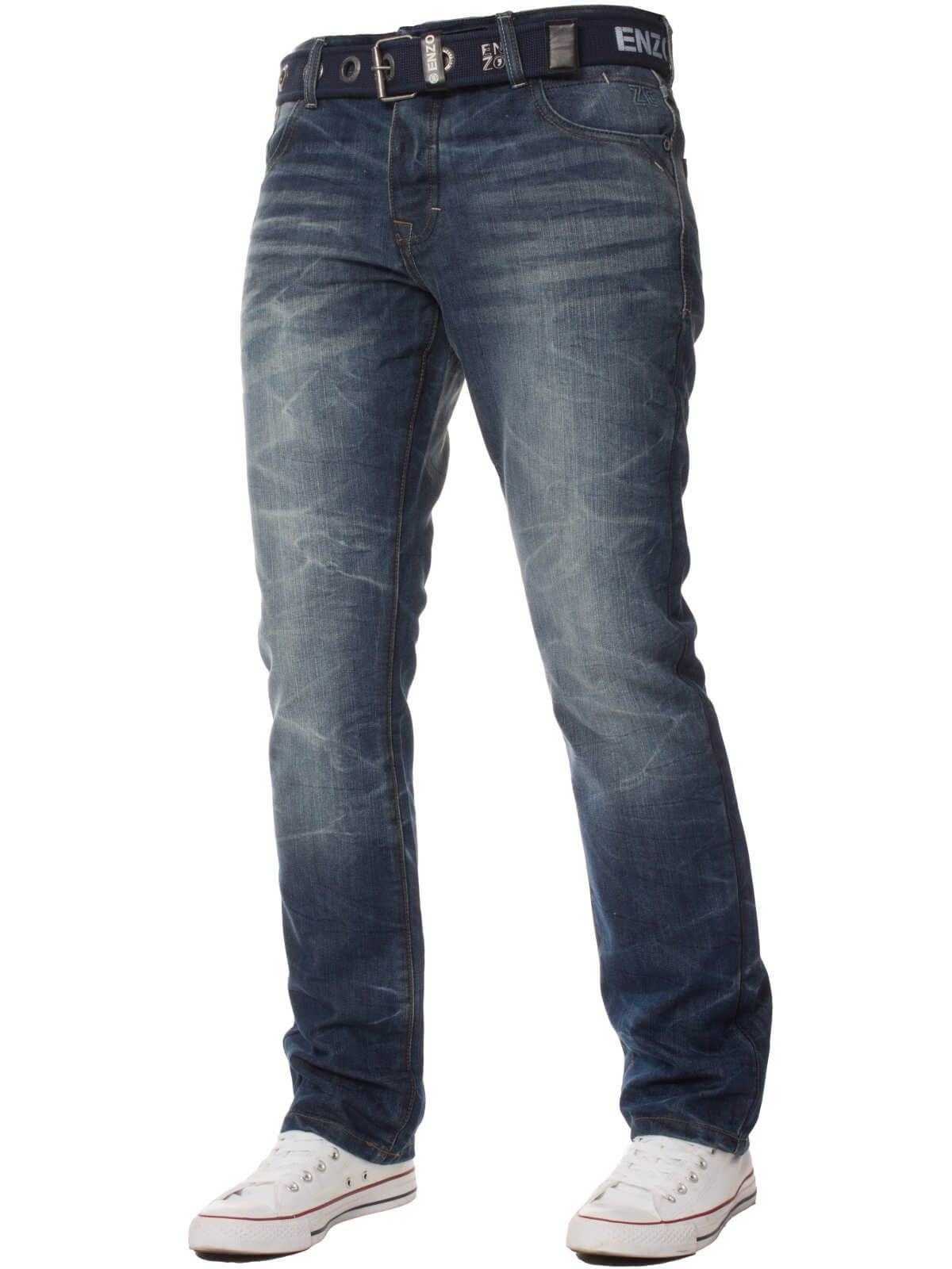 Crafted from hardwearing denim in a goes-with-everything dark stonewash blue, these mens jeans are a real wardrobe staple. These regular cut men's jeans sit low on the hip and are the same width all the way through the leg. Featuring zip fly, belt loops and embroidered Enzo jeans logo on the back pocket. Straight leg jeans are a classic style that suits almost everybody and with a range of three different leg lengths and waist sizes from 28 up to 60, theres a pair waiting for you.
Also available in Light stonewash.
