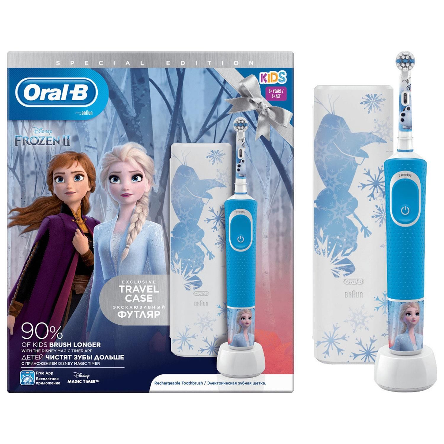 Oral-B Power 3+ Disney Frozen II Electric Toothbrush Giftset with Travel Case.  The Oral-B Kids Electric Toothbrush for ages 3+ entertains kids with Disney's Frozen II film while offering gentle and effective cleaning with a toothbrush recommended by Oral-B dentists. With a unique brushing function for delicate baby teeth, this toothbrush gently cleanses children's teeth. It removes more plaque from a simple manual toothbrush. Includes four stickers from Disney's Frozen film for decorating the handle.

Key Features:  

  Specially designed to be soft with baby teeth
  Round toothbrush head ideal for small mouths
  Particularly soft fibres that are soft with the gums
  Suitable for ages 3+
  Decorate the brush handle with 4 stickers from Disney's Frozen II
  Works with the Oral-B Disney Magic Timer application
  Rechargeable battery for 8 days
  Encourages brushing for 2 minutes with the built-in timer

The Box contains: 1x electric toothbrush, 4x sticker for the body of the brush, 1x replacement stages powerhead, 1x travel case with a motif, 1x charging station