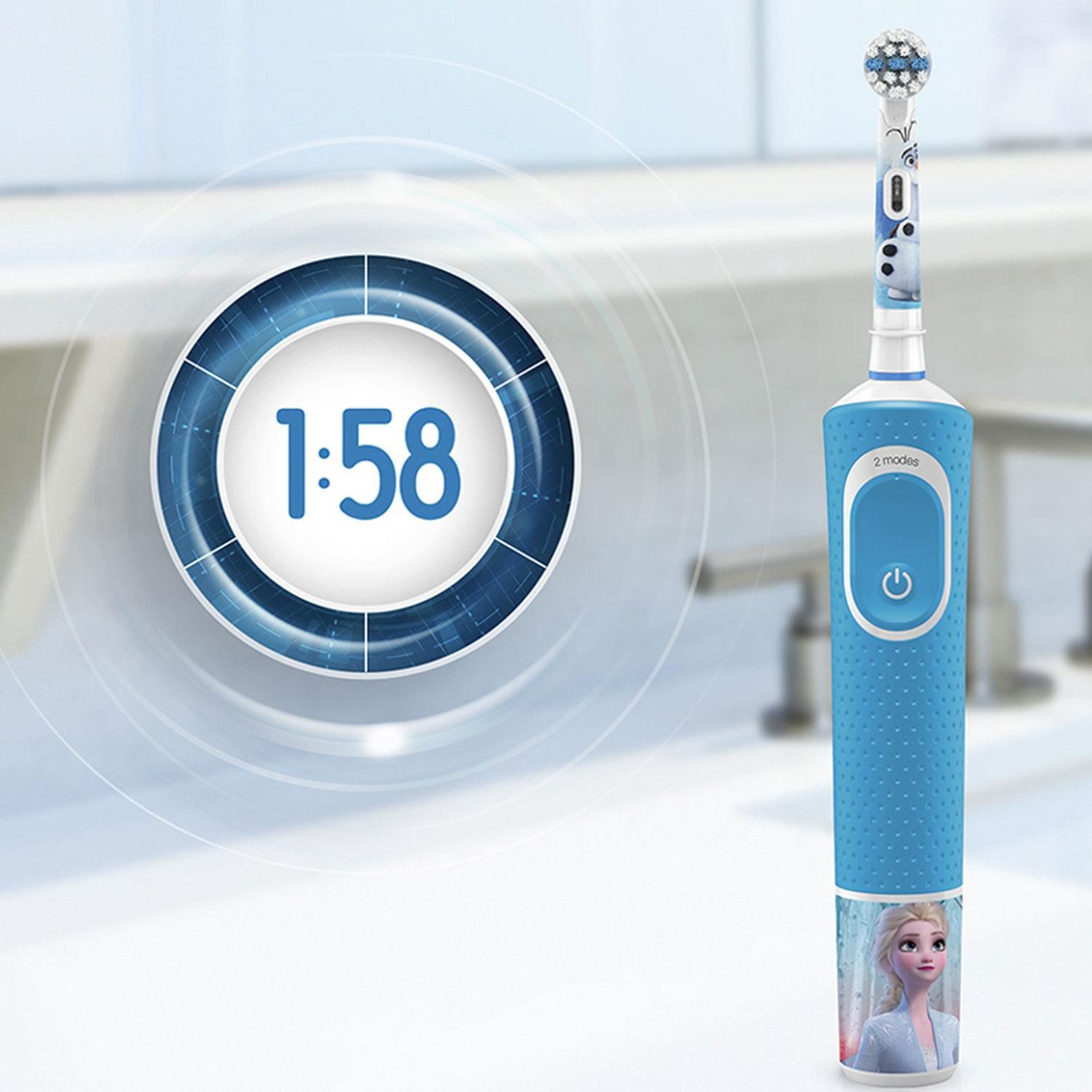 Oral-B Power 3+ Disney Frozen II Electric Toothbrush Giftset with Travel Case.  The Oral-B Kids Electric Toothbrush for ages 3+ entertains kids with Disney's Frozen II film while offering gentle and effective cleaning with a toothbrush recommended by Oral-B dentists. With a unique brushing function for delicate baby teeth, this toothbrush gently cleanses children's teeth. It removes more plaque from a simple manual toothbrush. Includes four stickers from Disney's Frozen film for decorating the handle.

Key Features:  

  Specially designed to be soft with baby teeth
  Round toothbrush head ideal for small mouths
  Particularly soft fibres that are soft with the gums
  Suitable for ages 3+
  Decorate the brush handle with 4 stickers from Disney's Frozen II
  Works with the Oral-B Disney Magic Timer application
  Rechargeable battery for 8 days
  Encourages brushing for 2 minutes with the built-in timer

The Box contains: 1x electric toothbrush, 4x sticker for the body of the brush, 1x replacement stages powerhead, 1x travel case with a motif, 1x charging station
