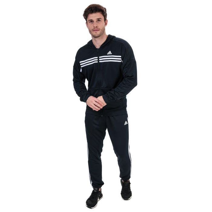 Mens adidas MTS Urban Tracksuit in navy- white. – Hoody: –Drawcord-adjustable hood. – Full zip fastening. – Long sleeves with 3-Stripes. – Front pockets. – adidas logo at left chest. – Main material: 100% Polyester.  Machine washable.  – Pants:  – Elasticated waist with inner drawcord. – Side pockets. – Elasticated cuffs. – Breathable mesh lining. – adidas logo at left thigh. – Main material: 100% Polyester. Machine washable.  – Ref: FS6091
