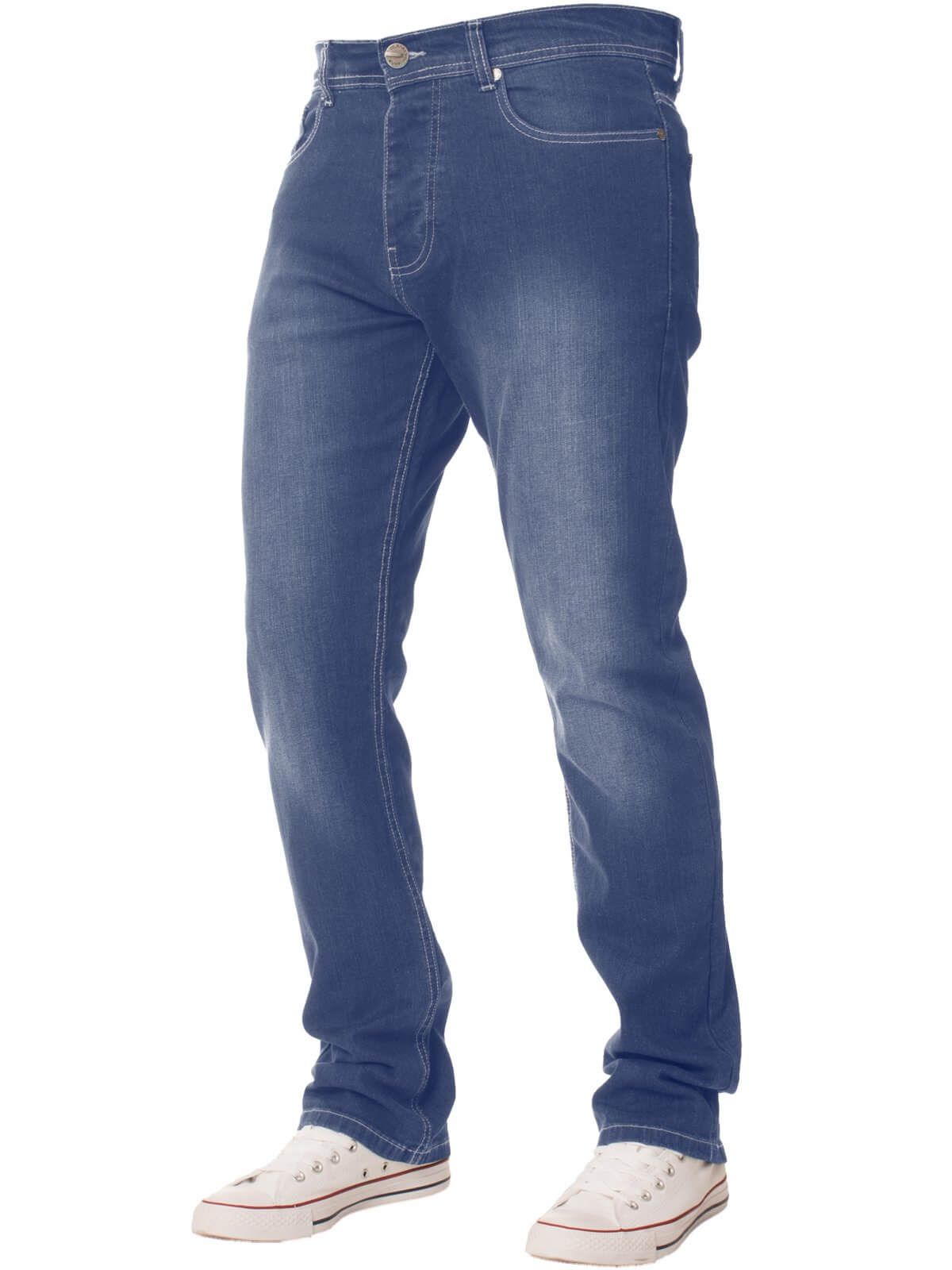 No man's wardrobe is complete without a versatile pair of regular light blue straight fit jeans. This evergreen classic by Enzo is tailored in a hard wearing dark blue cotton stretch blend and features 5 pockets with a coin pocket and a button fly while branded button and rivets and a branded PU waist label add a designer touch. With sizes up to 48 waist available at the online fashion website, theres a pair to suit everyone.