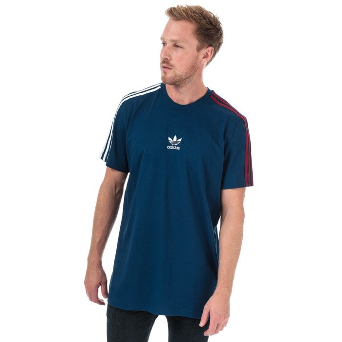 Mens adidas Originals 3-Stripes T-Shirt in mystery blue - white.<BR><BR>- Ribbed crew neck.<BR>- Short sleeves.<BR>- Applied 3-Stripes at shoulders and sleeves.<BR>- Embroidered Trefoil logo at centre chest.<BR>- Tonal back neck tape.<BR>- Main material: 100% Cotton.  Machine washable.<BR>- Ref: FU1959