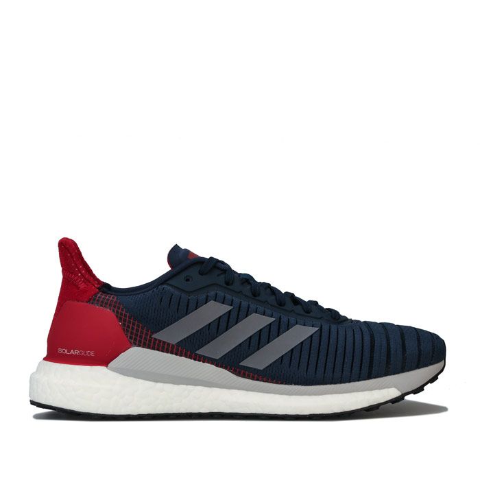 Mens adidas Solar Glide 19 Running Shoes Collegiate Navy - Grey - Active Maroon. – Lace closure. – Mesh upper with seamless haptic print overlay. – Breathable stable feel. – Stable distance running shoes. – Stabilising Torsion System and Responsive Boost midsole. – Dual-density responsive Boost midsole – Textile and Synthetic upper – Synthetic and textile lining – Synthetic sole. – Ref: G28063.