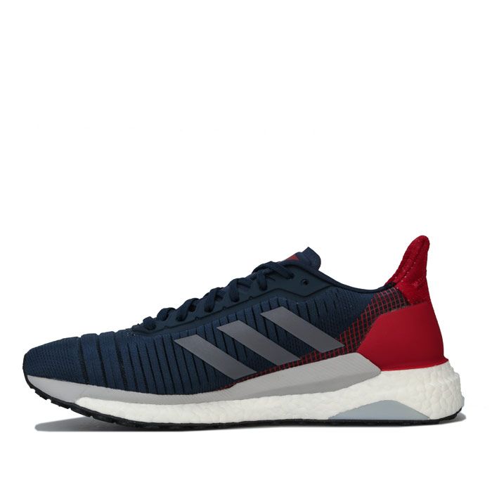 Mens adidas Solar Glide 19 Running Shoes Collegiate Navy - Grey - Active Maroon. – Lace closure. – Mesh upper with seamless haptic print overlay. – Breathable stable feel. – Stable distance running shoes. – Stabilising Torsion System and Responsive Boost midsole. – Dual-density responsive Boost midsole – Textile and Synthetic upper – Synthetic and textile lining – Synthetic sole. – Ref: G28063.