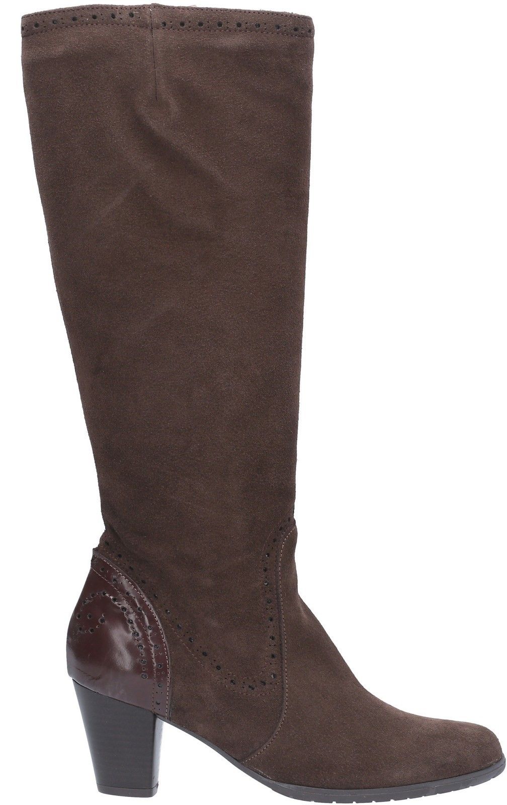 Stylish ladies long boot from Riva with luxury Suede Patent UpperSuede. 
Brogue styling on upper. 
Inner zip provides a easy comfortable fit.