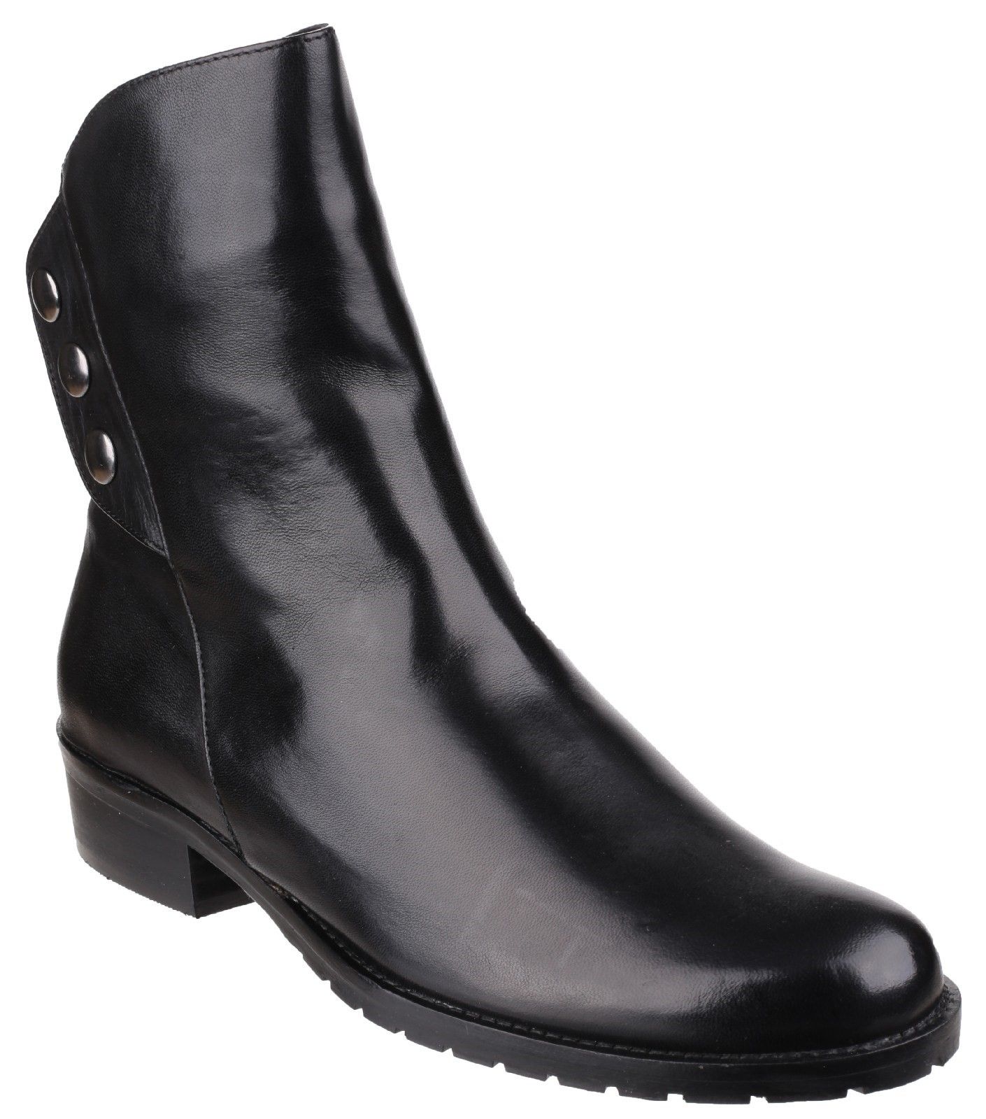 Riva brings classic Italian style with a twist with the Buttons leather dress boot. Crafted with asymmetric lines and stylish button detail. A mid-height block heel gives timeless elegance.Buttons is a stylish ankle boot from 'Riva'. 
Featuring a flap over cuff at the front of the ankle. 
popper buttons design on outer. 
Zip fastening for a easy fit. 
Full leather outer.