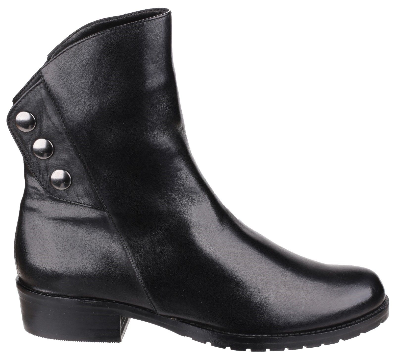 Riva brings classic Italian style with a twist with the Buttons leather dress boot. Crafted with asymmetric lines and stylish button detail. A mid-height block heel gives timeless elegance.Buttons is a stylish ankle boot from 'Riva'. 
Featuring a flap over cuff at the front of the ankle. 
popper buttons design on outer. 
Zip fastening for a easy fit. 
Full leather outer.