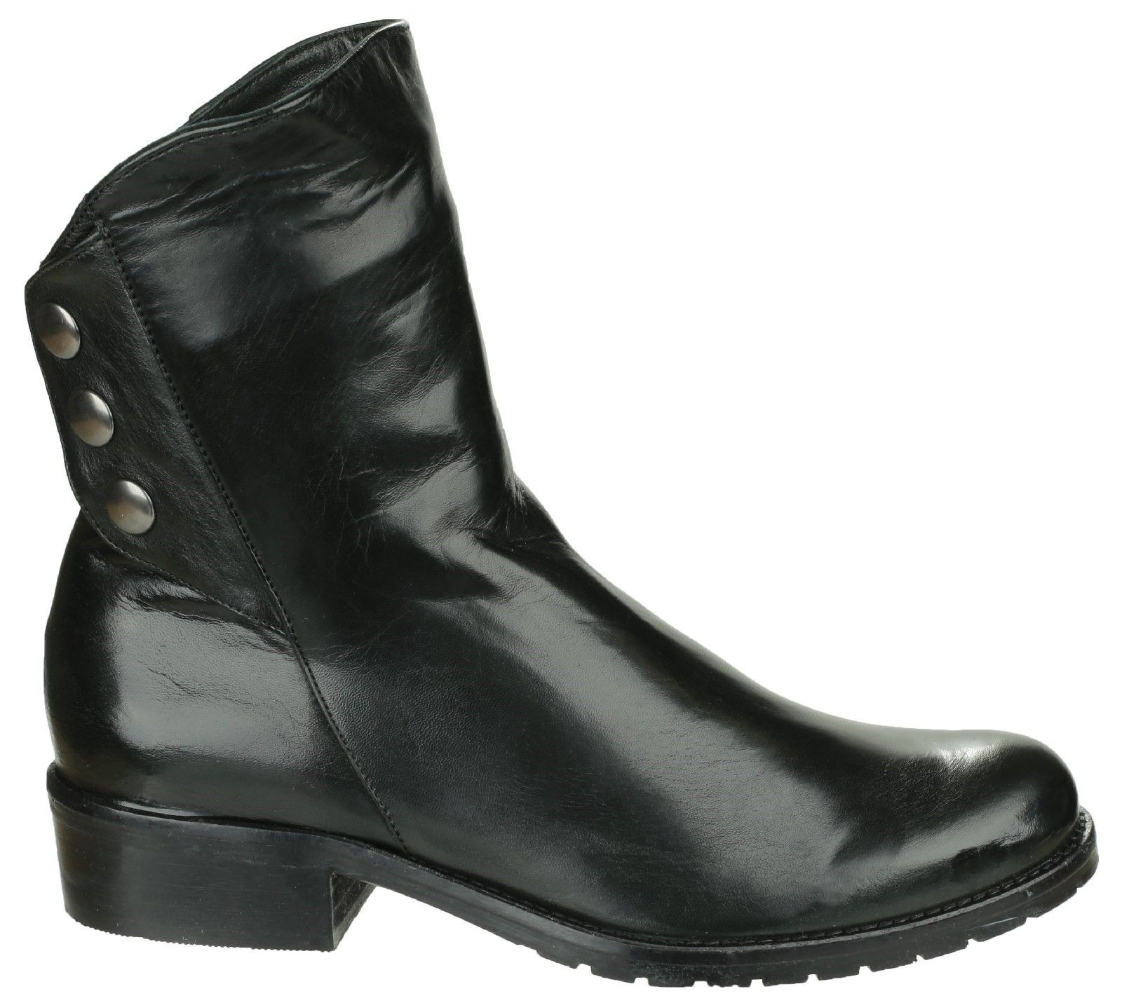 Riva brings classic Italian style with a twist with the Buttons leather dress boot. Crafted with asymmetric lines and stylish button detail. A mid-height block heel gives timeless elegance. Buttons is a stylish ankle boot from 'Riva'. 
Featuring a flap over cuff at the front of the ankle. 
popper buttons design on outer. 
Zip fastening for a easy fit. 
Full leather outer.