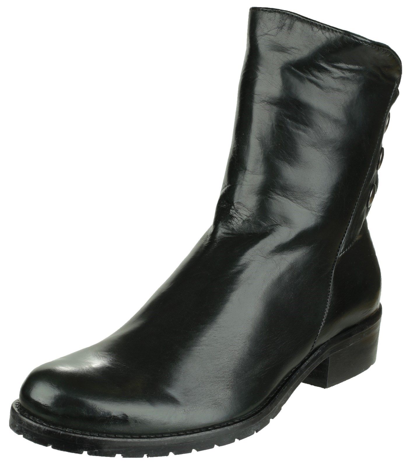 Riva brings classic Italian style with a twist with the Buttons leather dress boot. Crafted with asymmetric lines and stylish button detail. A mid-height block heel gives timeless elegance. Buttons is a stylish ankle boot from 'Riva'. 
Featuring a flap over cuff at the front of the ankle. 
popper buttons design on outer. 
Zip fastening for a easy fit. 
Full leather outer.
