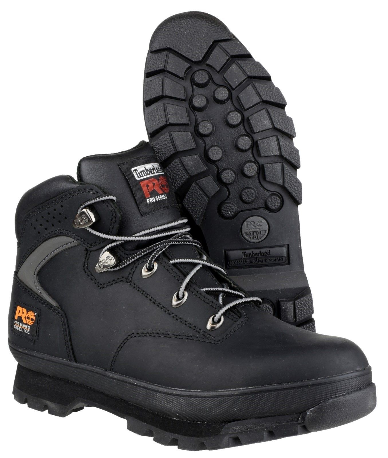 A MODERN CLASSIC: The Timberland PRO Euro Hiker features a timeless silhouette that speaks to Timberlands heritage, but is now built with a wider sole platform and a lower center of gravity, providing stability and increased traction on surfaces.Impact and compression resistant toe cap. 
Penetration resistant to 1100 Newtons for flexible underfoot protection. 
Heel energy absorption 20 Joules. 
High heat resistance to 300 degrees. 
Slip resistance SRB - Resistance against slipping on smooth steel surfaces covered with water and cleaning products.