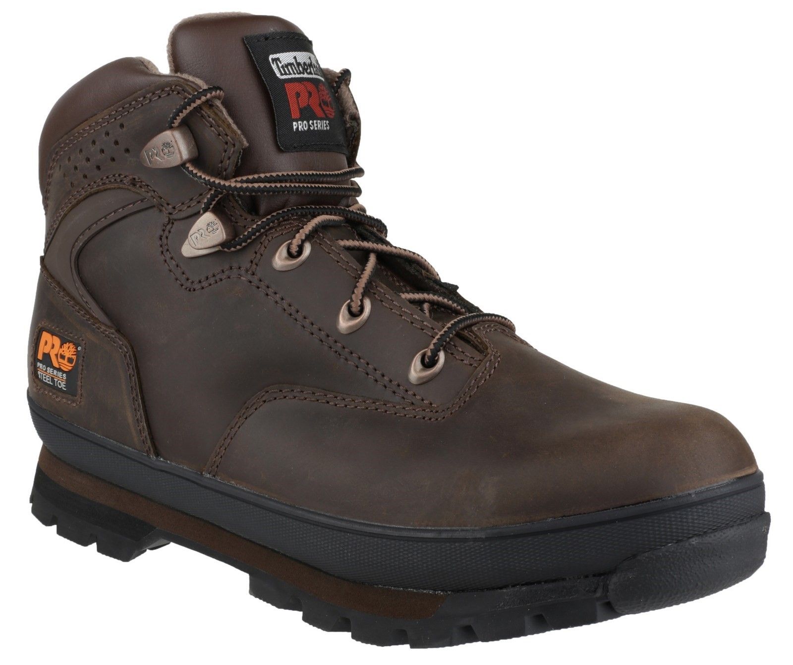 A MODERN CLASSIC: The Timberland PRO Euro Hiker features a timeless silhouette that speaks to Timberlands heritage, but is now built with a wider sole platform and a lower center of gravity, providing stability and increased traction on surfaces.Impact and compression resistant toe cap. 
Penetration resistant to 1100 Newtons for flexible underfoot protection. 
Heel energy absorption 20 Joules. 
High heat resistance to 300 degrees. 
Slip resistance SRB - Resistance against slipping on smooth steel surfaces covered with water and cleaning products.