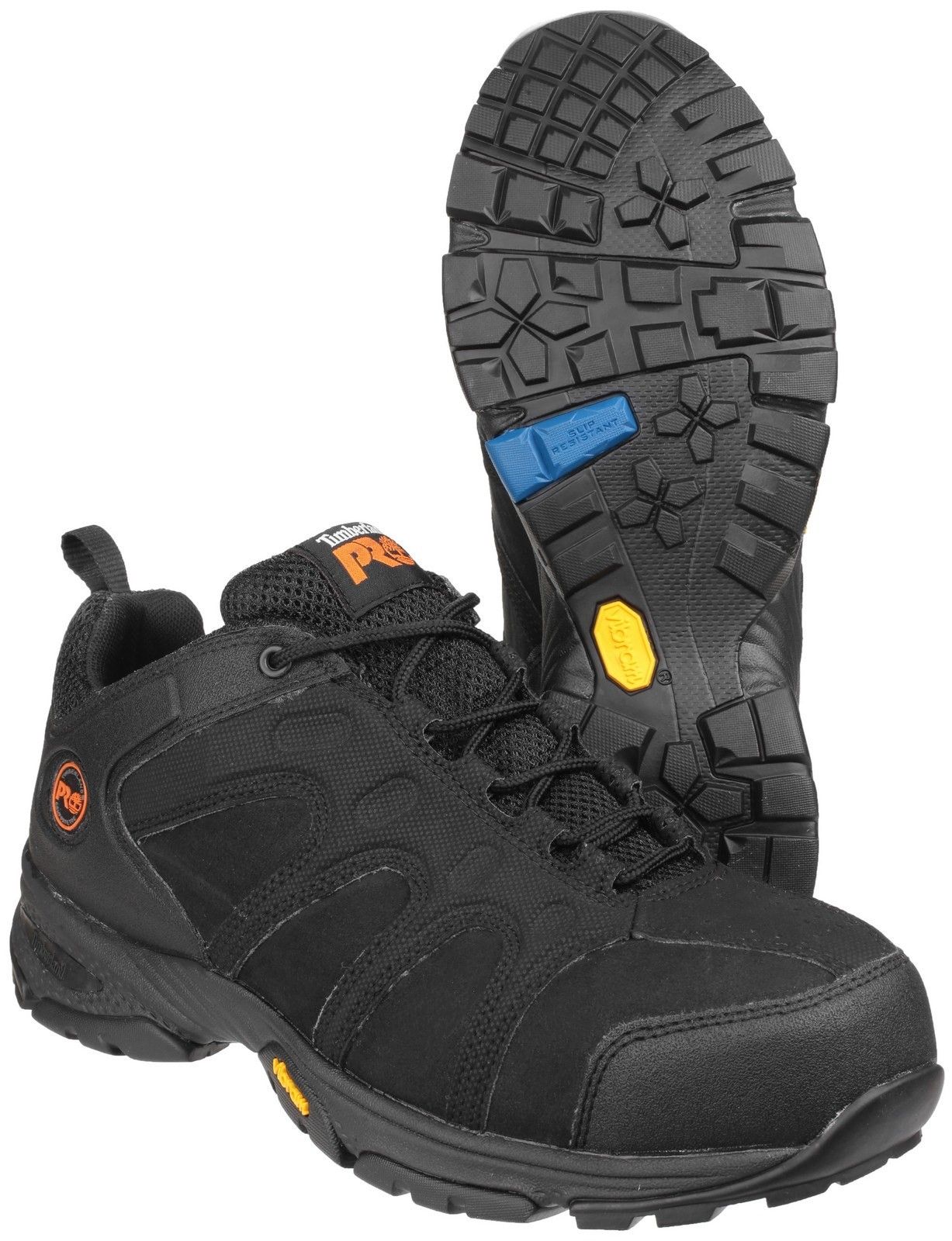 PROTECTION 24/7: The Timberland PRO Wildcard athletic work shoe features a composite safety toe, padded top collar, puncture-resistant plate, and a slip and oil-resistant Vibram rubber outsole, allowing for casual style and uncompromised protection.Timberland PRO Wildcard rugged low hiker with impact and compression resistant toe cap. 
Anti-static with an energy absorbing heel. 
Penetration resistance 1100 Newtons. 
300 degrees high heat resistance. 
Slip resistance SRA - Resistance against slipping on ceramic surfaces covered with water and cleaning products.