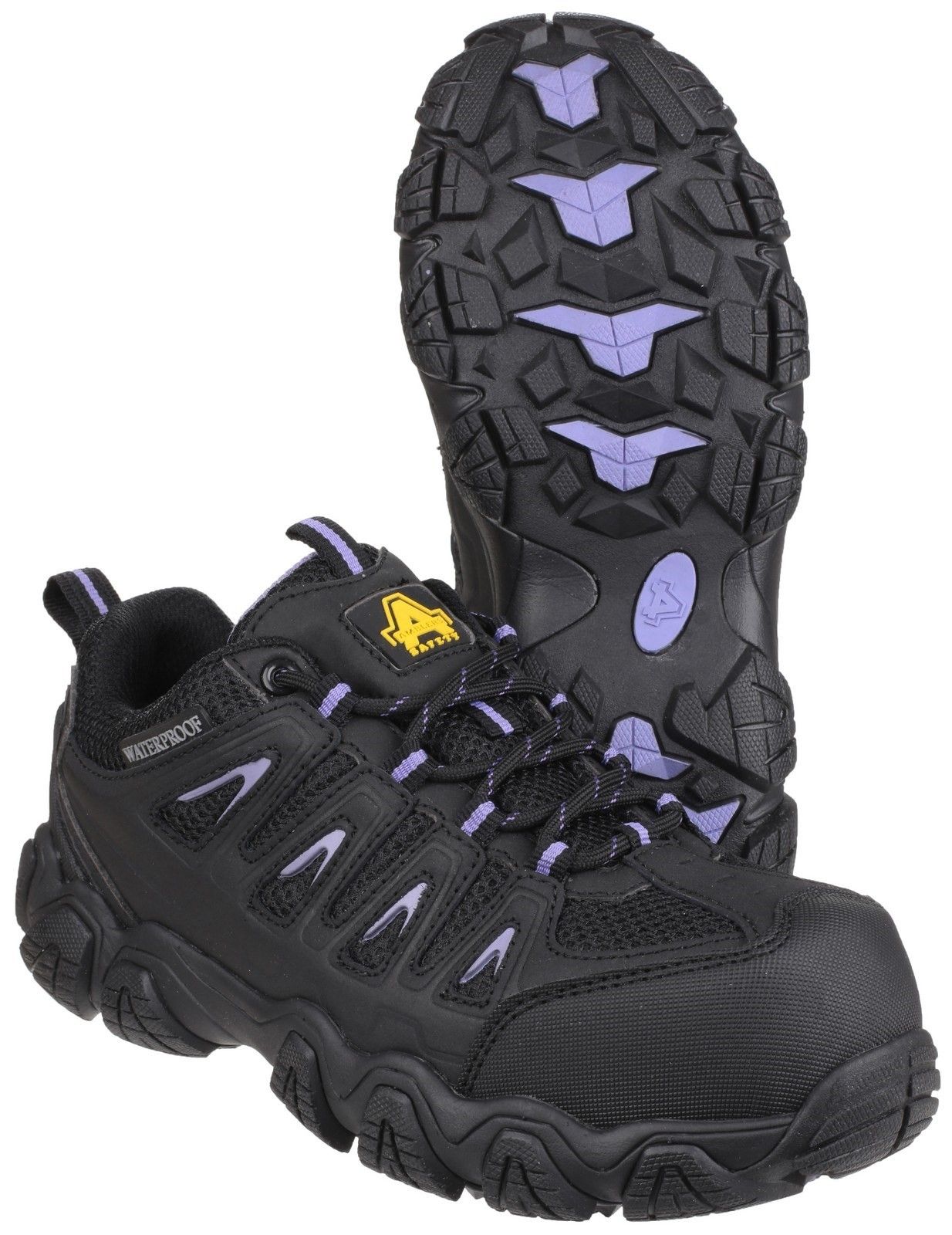 Ladies non-metal waterproof safety trainer featuring memory foam footbed and hardwearing EVA/Rubber outsole.200 Joules composite toe cap. 
Non-metallic, anti-penetration midsole. 
Water resistant leather & mesh upper. 
Breathable waterproof membrane and mesh lining. 
Padded collar & padded bellowed tongue.