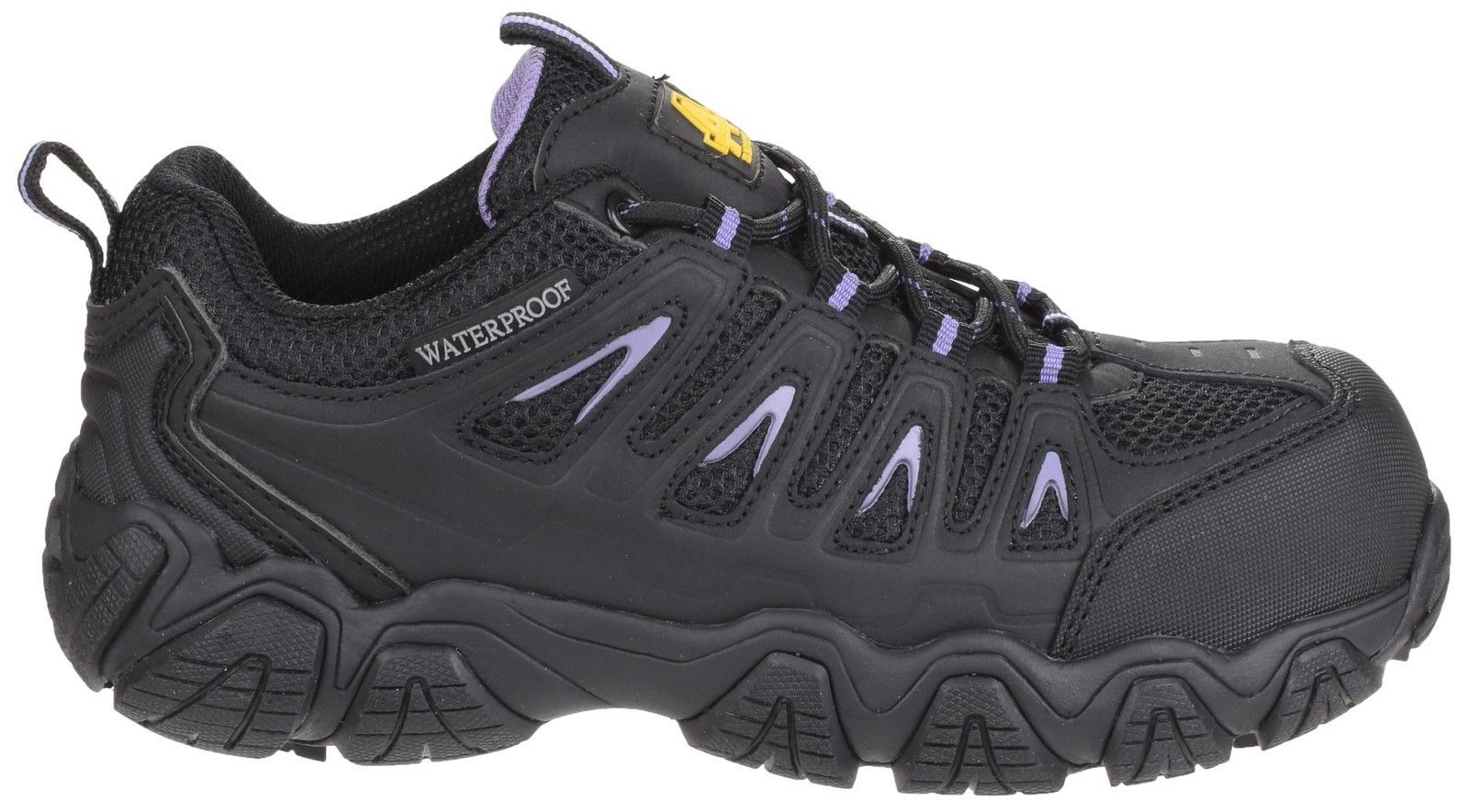 Ladies non-metal waterproof safety trainer featuring memory foam footbed and hardwearing EVA/Rubber outsole.200 Joules composite toe cap. 
Non-metallic, anti-penetration midsole. 
Water resistant leather & mesh upper. 
Breathable waterproof membrane and mesh lining. 
Padded collar & padded bellowed tongue.