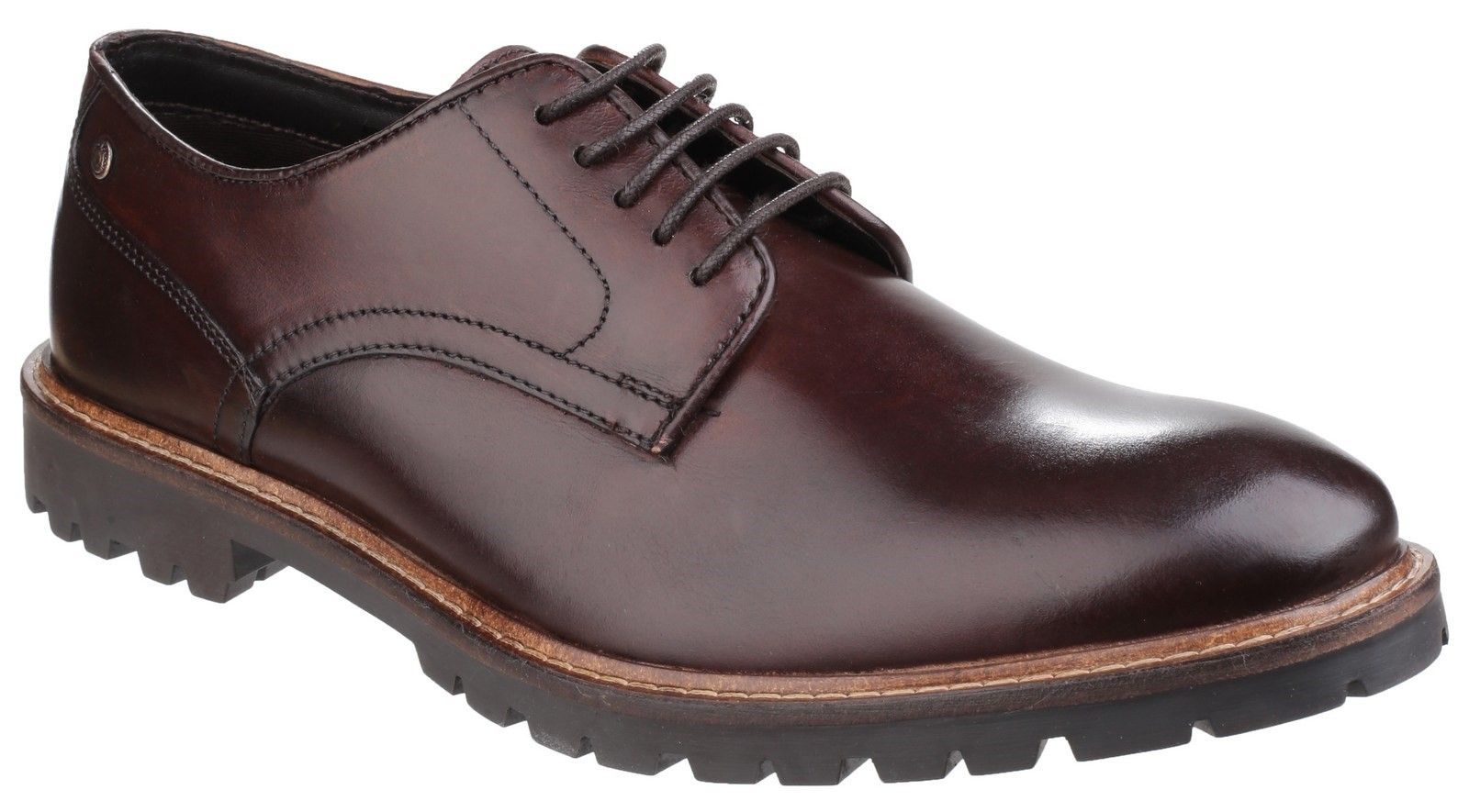 Make a confident statement with this Base London Barrage Derby shoe. With mixed leather uppers and contrast stitching around the commando style sole, it's a confident shoe that offers comfort and versatility. Plain toe derby. 
Cleeted commando sole. 
Comfortable with good grip.