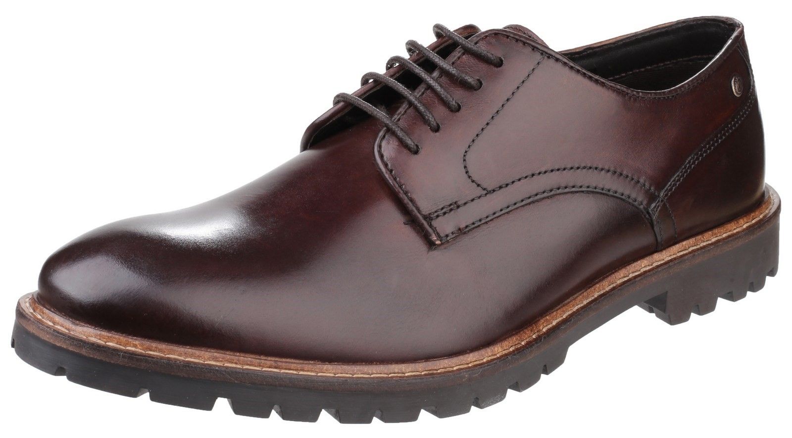 Make a confident statement with this Base London Barrage Derby shoe. With mixed leather uppers and contrast stitching around the commando style sole, it's a confident shoe that offers comfort and versatility. Plain toe derby. 
Cleeted commando sole. 
Comfortable with good grip.