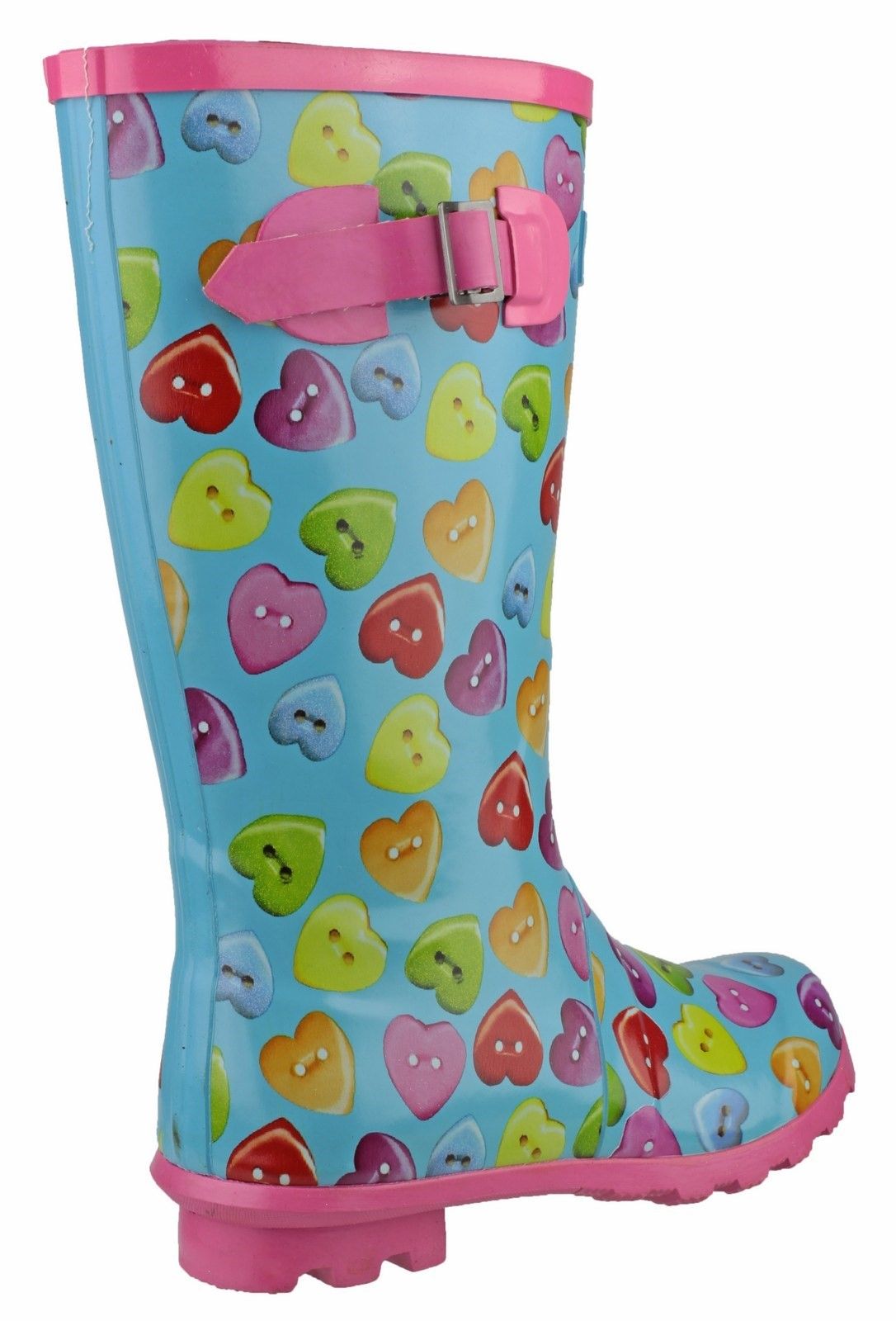 Featuring a printed Button heart design this wellington will help you both standout and keep your feet nice and dry in these great all round performers The Button Heart Welly is a great fun all round wellington Bright Colourful wellies will brighten up anyones day Rubber sole Decorative Buckle Detail on the top side of the Wellington Cotswold Logo on the front of the welly 25cm Heel on the Boot