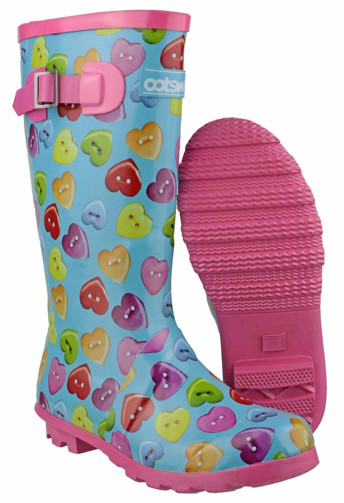 Featuring a printed Button heart design this wellington will help you both standout and keep your feet nice and dry in these great all round performers The Button Heart Welly is a great fun all round wellington Bright Colourful wellies will brighten up anyones day Rubber sole Decorative Buckle Detail on the top side of the Wellington Cotswold Logo on the front of the welly 25cm Heel on the Boot