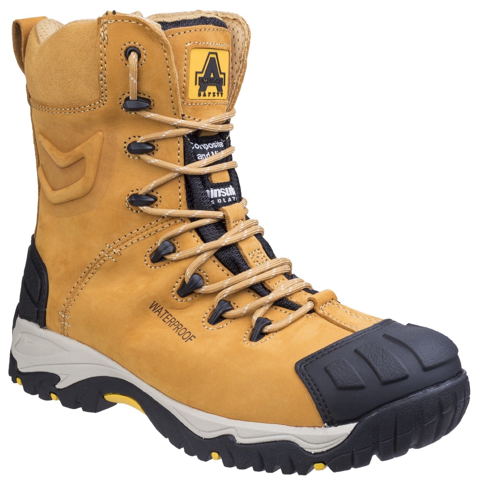 A hard wearing premium safety boot with breathable waterproof lining, metal free toe cap, penetration protection, SRC slip resistance and 200g thinsulate.Fully waterproof composite safety boot. 
Breathable Waterproof Membrane & Mesh Lining. 
Water resistant nubuck leather upper. 
Thinsulate lining and temperature resistant outsole. 
YKK Metal Side Zip.