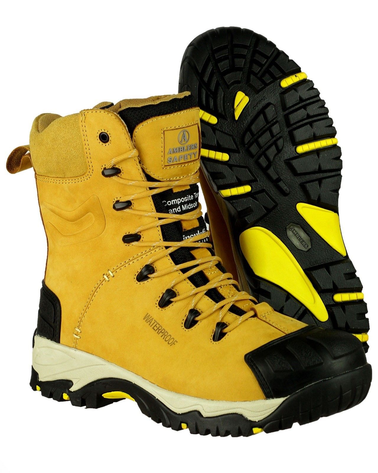 A hard wearing premium safety boot with breathable waterproof lining, metal free toe cap, penetration protection, SRC slip resistance and 200g thinsulate.Fully waterproof composite safety boot. 
Breathable Waterproof Membrane & Mesh Lining. 
Water resistant nubuck leather upper. 
Thinsulate lining and temperature resistant outsole. 
YKK Metal Side Zip.
