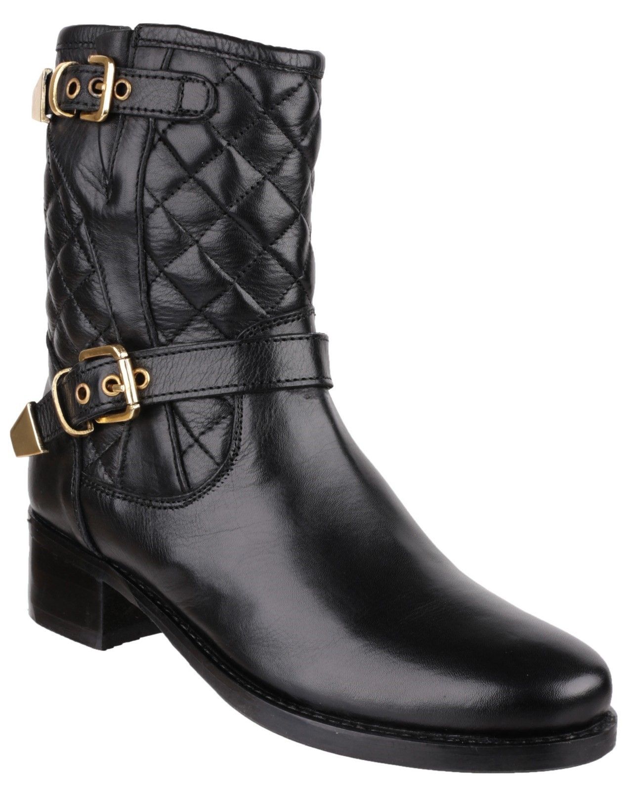 Ladies quilted boot with comfortable leather upper and twin buckle features.Elegy ladies quilted leather dress ankle boot. 
Stylish ladies dress ankle boot with quilted leather detailing around the ankle and twin buckle trim. 
The top buckle allows for some fit adjustment around the ankle and there is also a full inside zip for easy on and off.