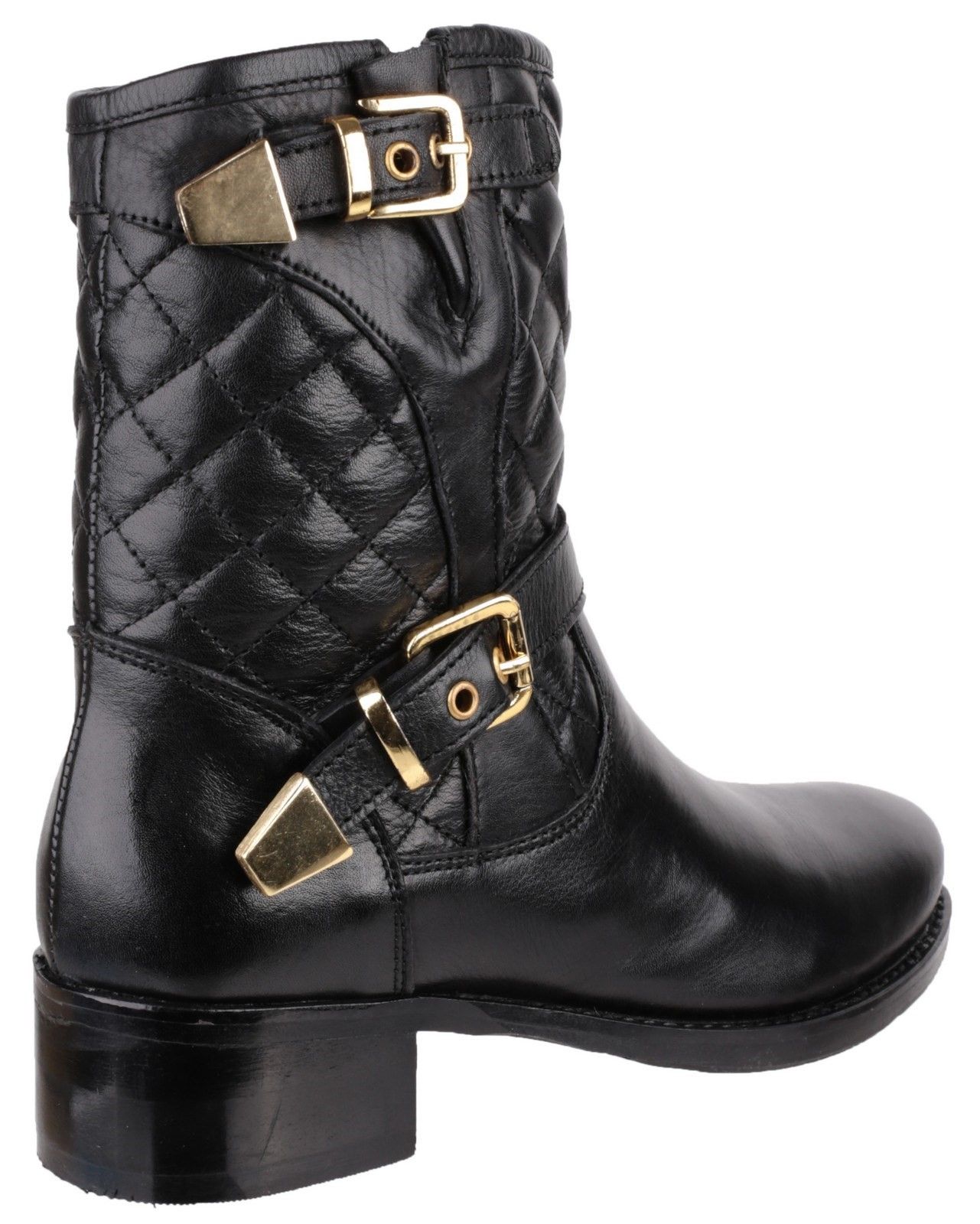 Ladies quilted boot with comfortable leather upper and twin buckle features.Elegy ladies quilted leather dress ankle boot. 
Stylish ladies dress ankle boot with quilted leather detailing around the ankle and twin buckle trim. 
The top buckle allows for some fit adjustment around the ankle and there is also a full inside zip for easy on and off.