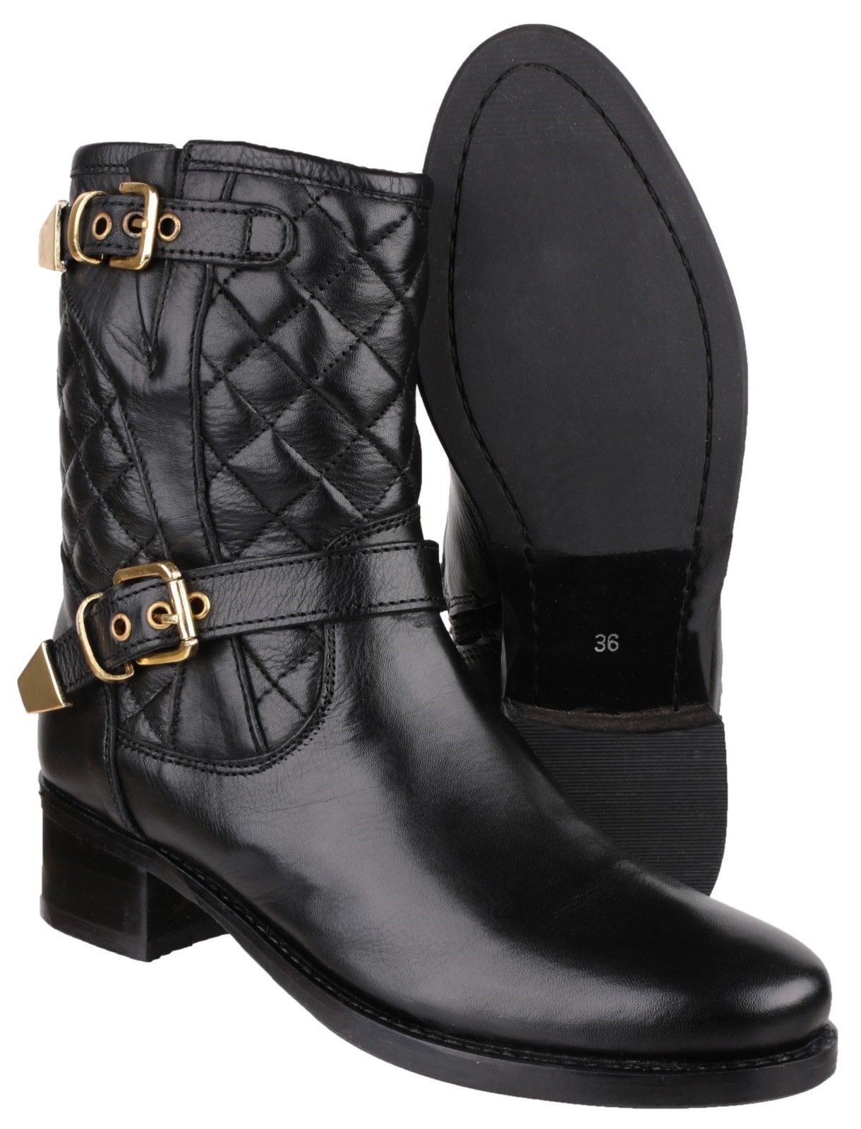 Ladies quilted boot with comfortable leather upper and twin buckle features.Elegy ladies quilted leather dress ankle boot. 
Stylish ladies dress ankle boot with quilted leather detailing around the ankle and twin buckle trim. 
The top buckle allows for some fit adjustment around the ankle and there is also a full inside zip for easy on and off.