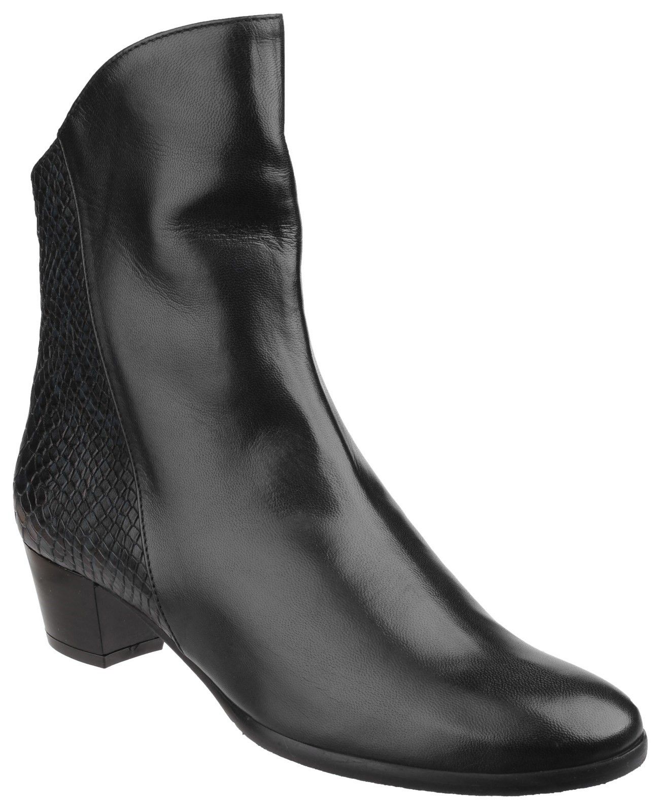 Stylish ankle boot from Riva with luxury snake print and smooth grained leather vamp. Inner side zip for quick access and tasteful snap button closure.Women's stylish ankle boot. 
Luxury snake print heel upper and smooth grained vamp. 
Inner side zip with snap button top closure. 
Comfort warm lining. 
Contoured mid-height block heel.