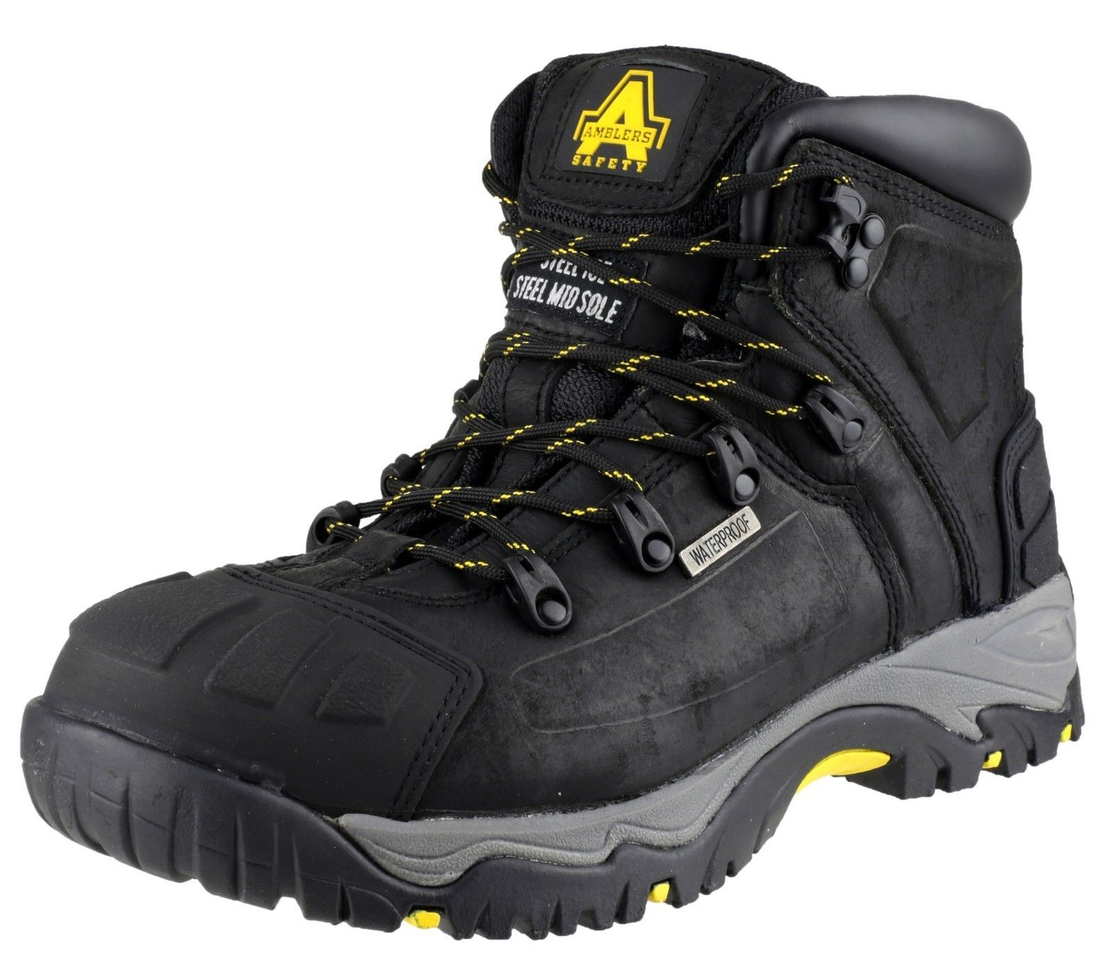 A durable, comfortable safety boot with inbuilt waterproof breathable membrane lining, antistatic, penetration protection and 300 degree heat resistant outsole.Water resistant crazy horse leather upper. 
Breathable internal waterproof membrane. 
Moulded rubber toe and heel guard. 
PU padded collar. 
Steel toe and steel midsole.