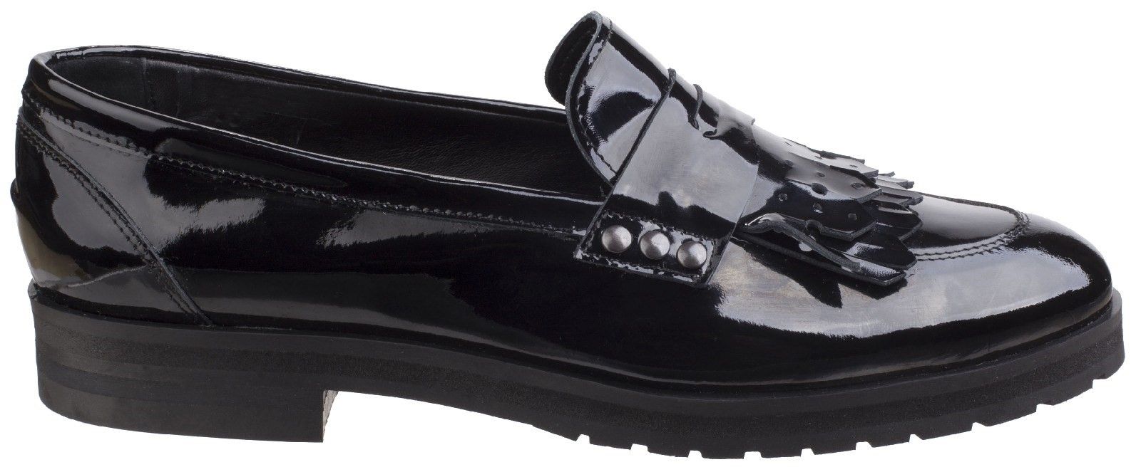 Riva brings in a twist to the traditional loafer design. A tailored layered fringe, metallic studs and chunky sole give that added edge to a classic style. Crafted with a luxury leather upper. 
Neat apron toe styled front. 
Dual layered perforated leather fringe detail. 
Leather overlay strap with stylish metallic studs feature. 
Full leather lining and foot bed.
